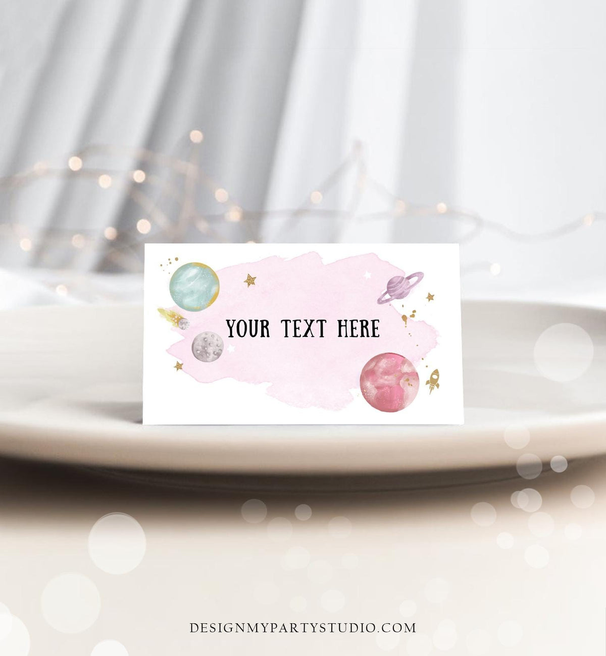 Editable Food Labels Outer Space Birthday Galaxy Food Labels Place Card Tent Insert Astronaut Around the Sun Gold Template Printable 0357