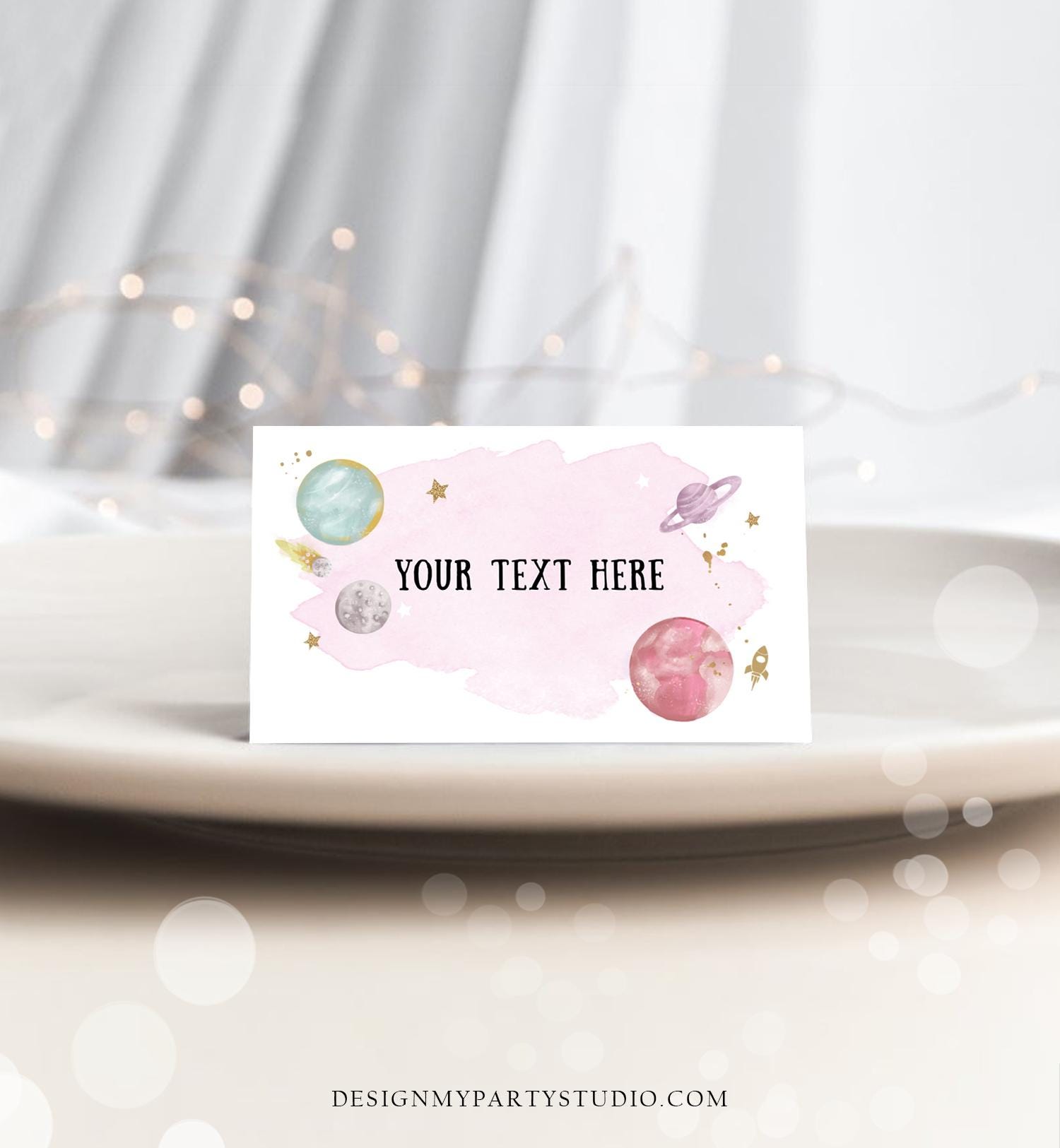 Editable Food Labels Outer Space Birthday Galaxy Food Labels Place Card Tent Insert Astronaut Around the Sun Gold Template Printable 0357