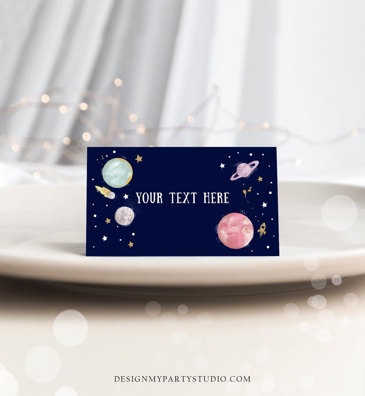 Editable Food Labels Outer Space Birthday Galaxy Food Labels Place Card Tent Insert Astronaut Around the Sun Gold Template Printable 0357