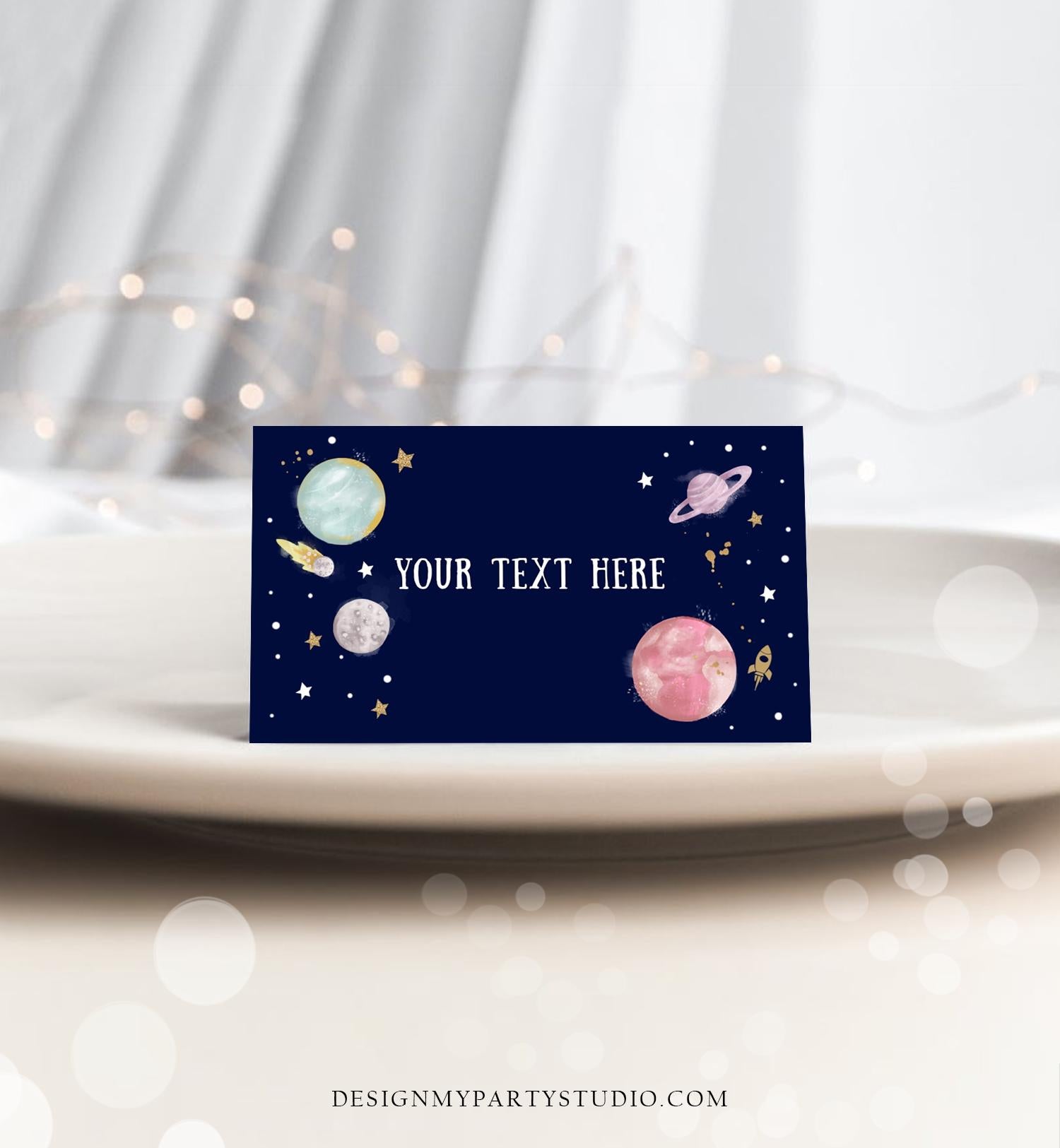 Editable Food Labels Outer Space Birthday Galaxy Food Labels Place Card Tent Insert Astronaut Around the Sun Gold Template Printable 0357