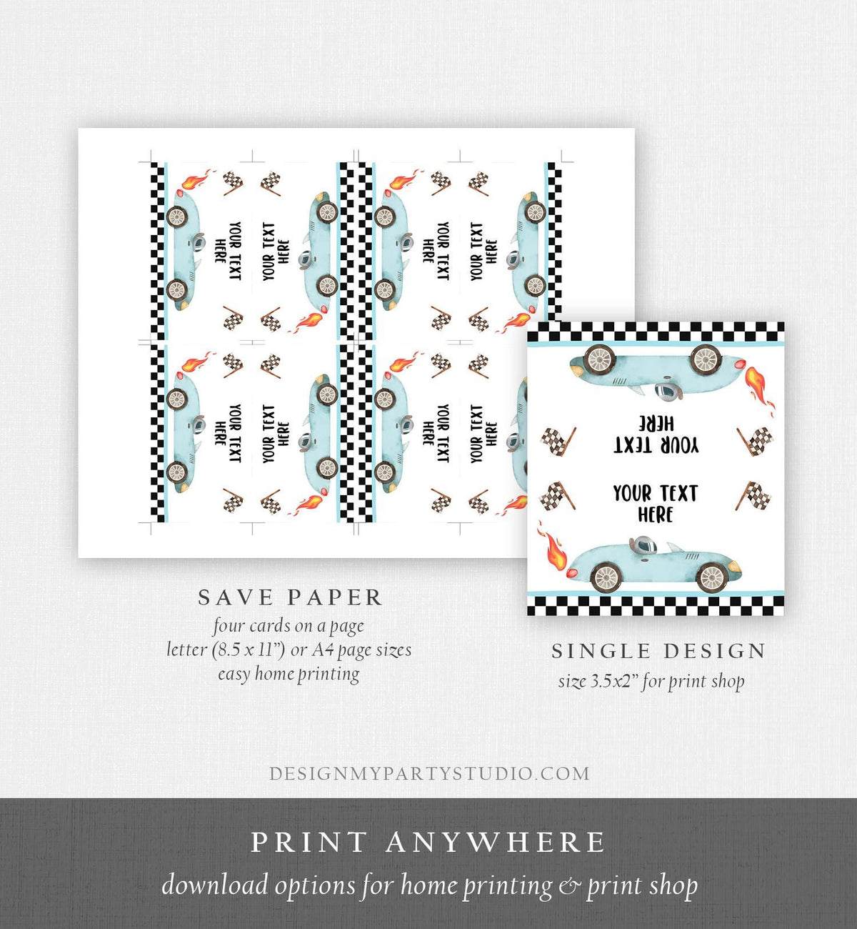 Editable Food Labels Race Car Birthday Racing Food Labels Place Tent Insert Card Growing Up Two Fast 2nd Boy Digital Template Printable 0424