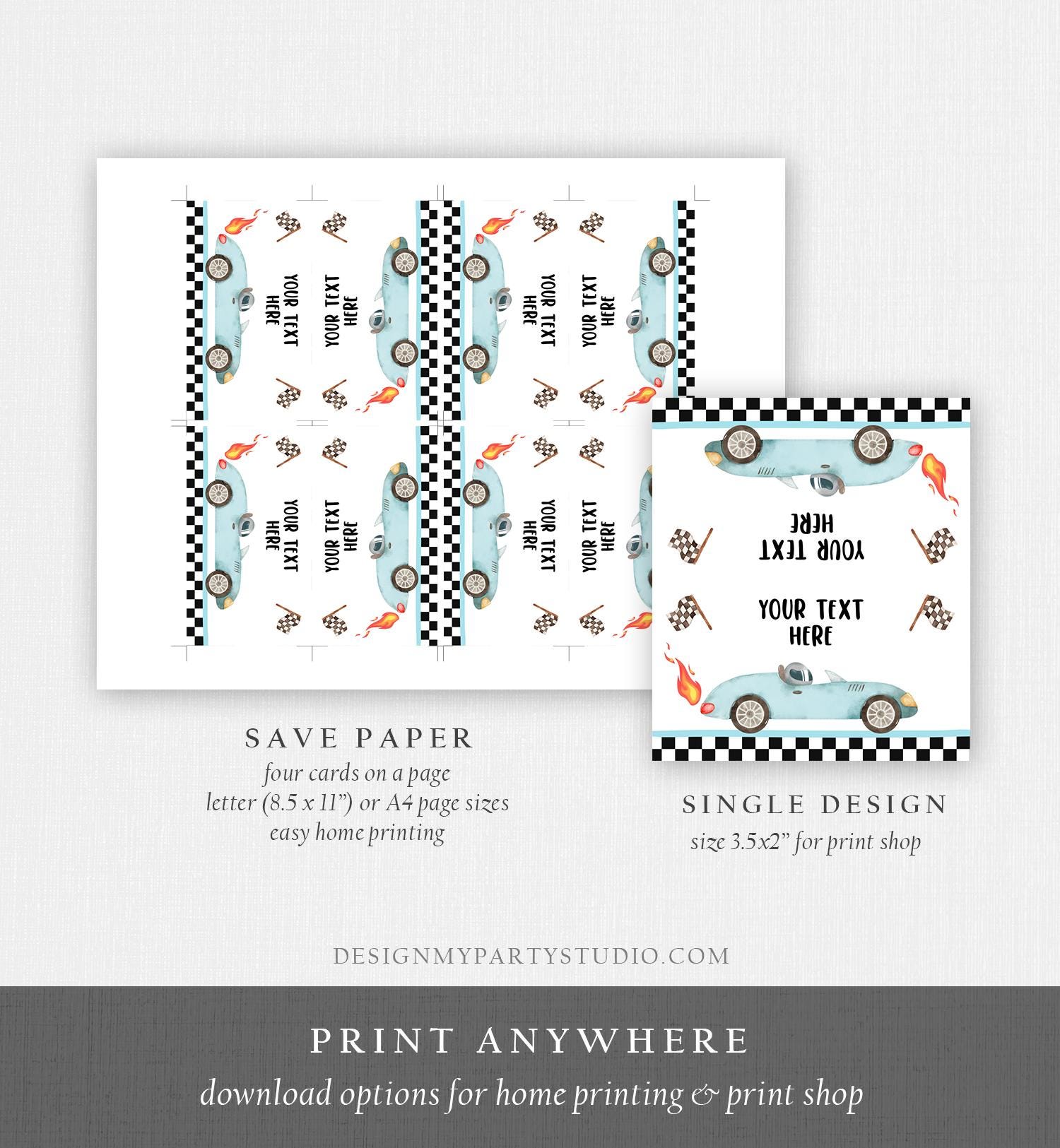 Editable Food Labels Race Car Birthday Racing Food Labels Place Tent Insert Card Growing Up Two Fast 2nd Boy Digital Template Printable 0424