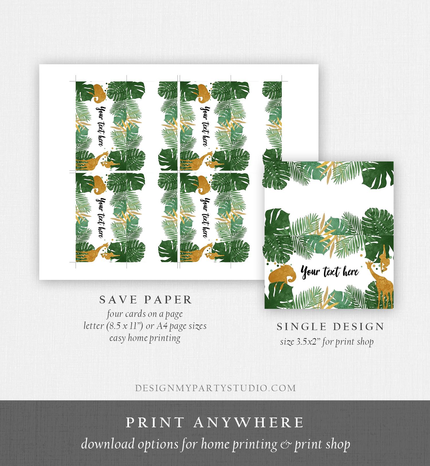Editable Safari Animals Food Labels Wild One Place Tent Card Insert Card Boy Party Animals Wild Zoo Gold Animals Template Printable 0016