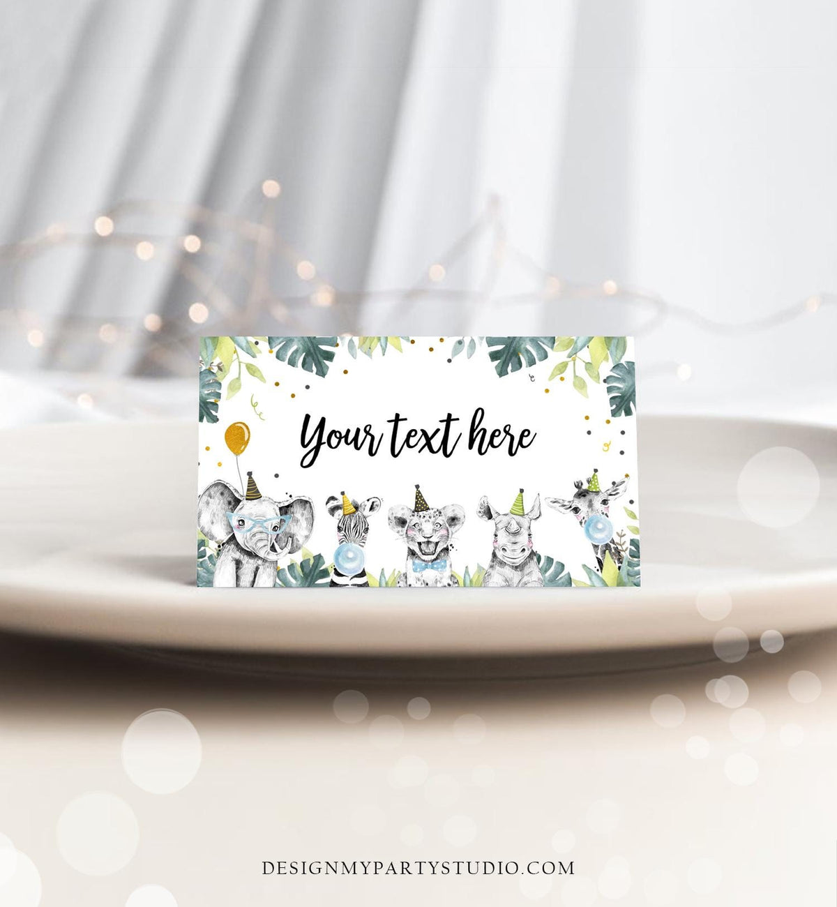 Editable Party Animals Food Label Wild One Boy Black Safari Animals Birthday Place Card Tent Insert Digital Download Template Printable 0322