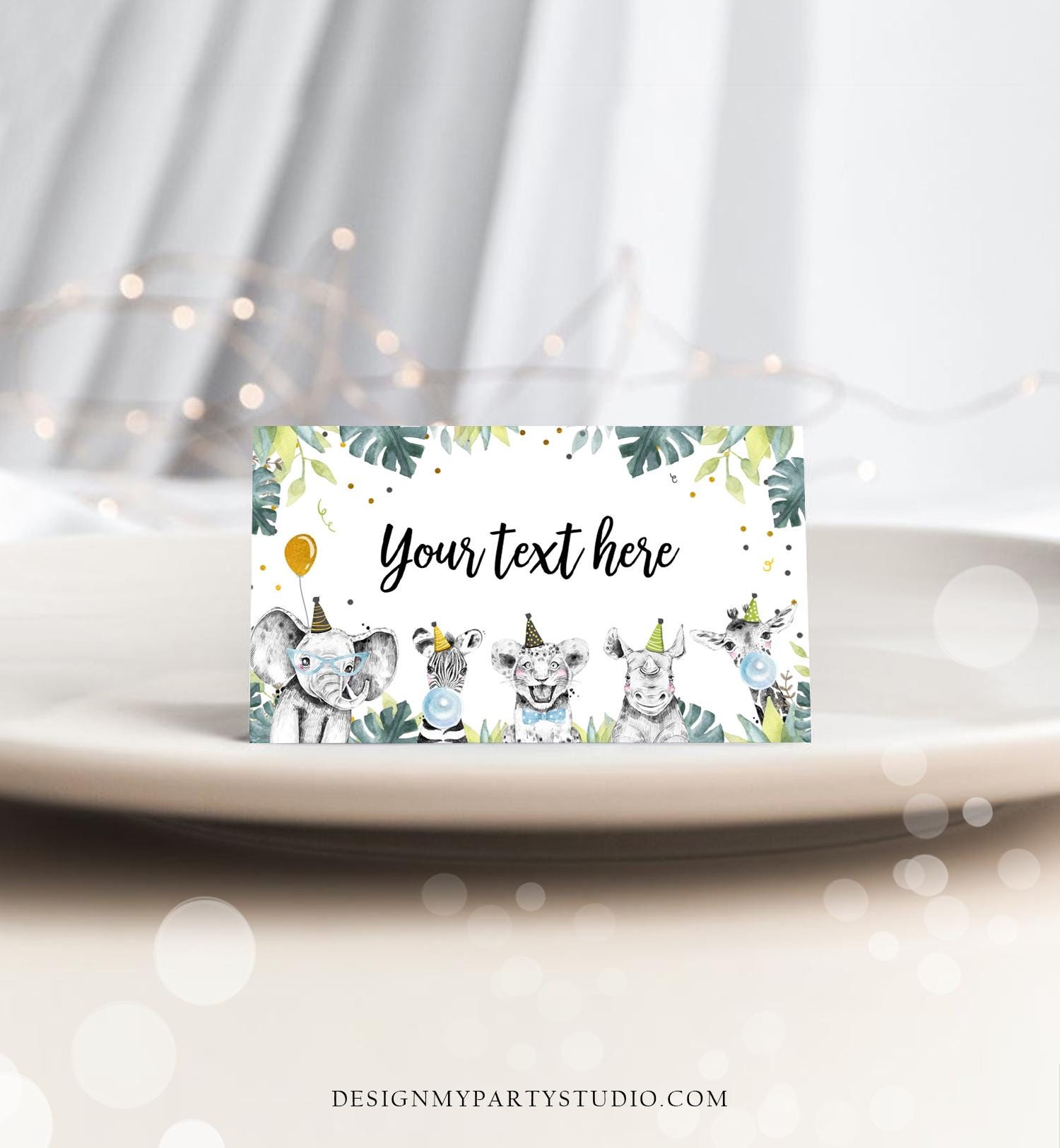 Editable Party Animals Food Label Wild One Boy Black Safari Animals Birthday Place Card Tent Insert Digital Download Template Printable 0322