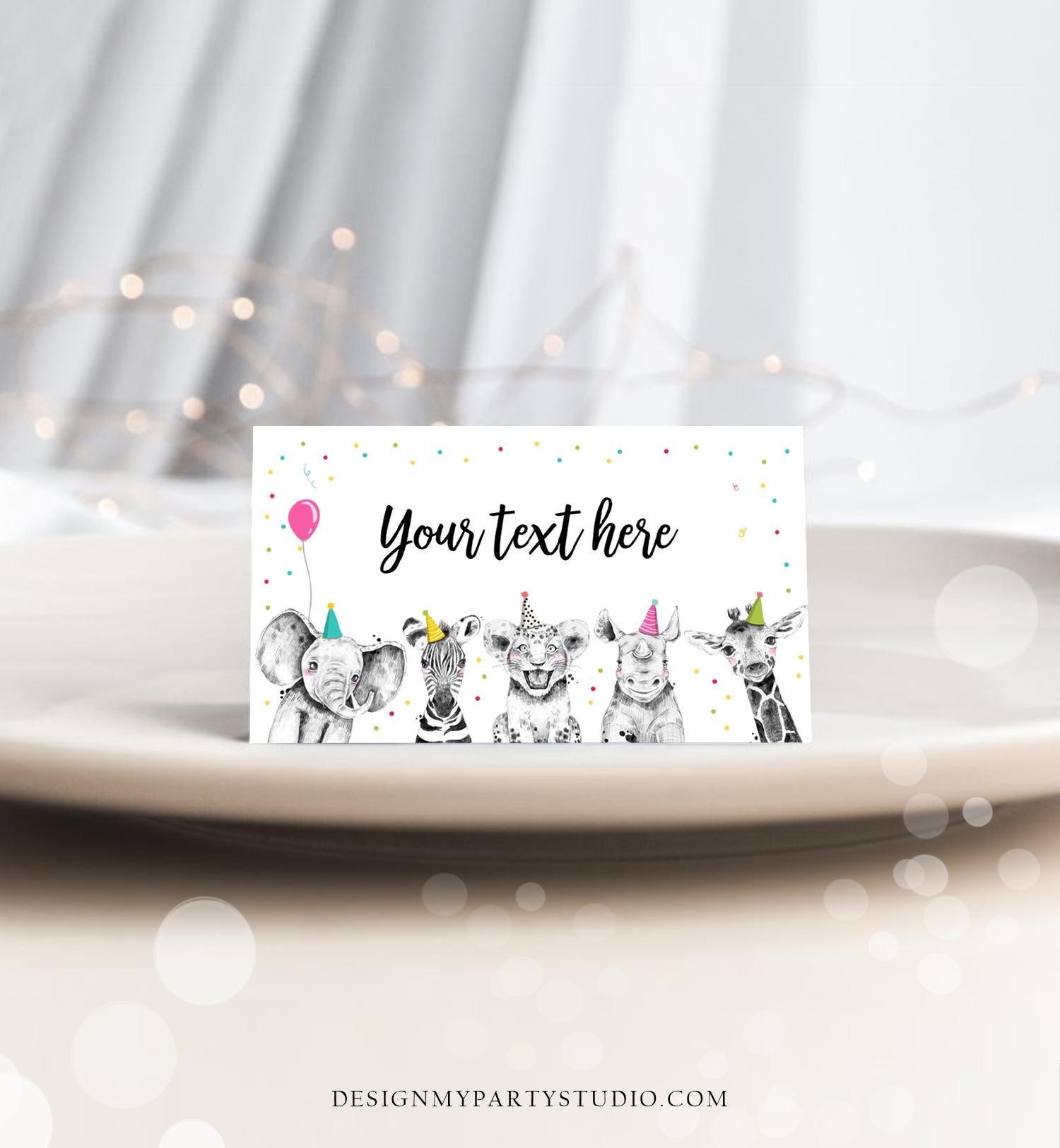 Editable Party Animals Food Label Wild One Girl Safari Animals Birthday Place Card Tent Insert Digital Download Template Printable 0390