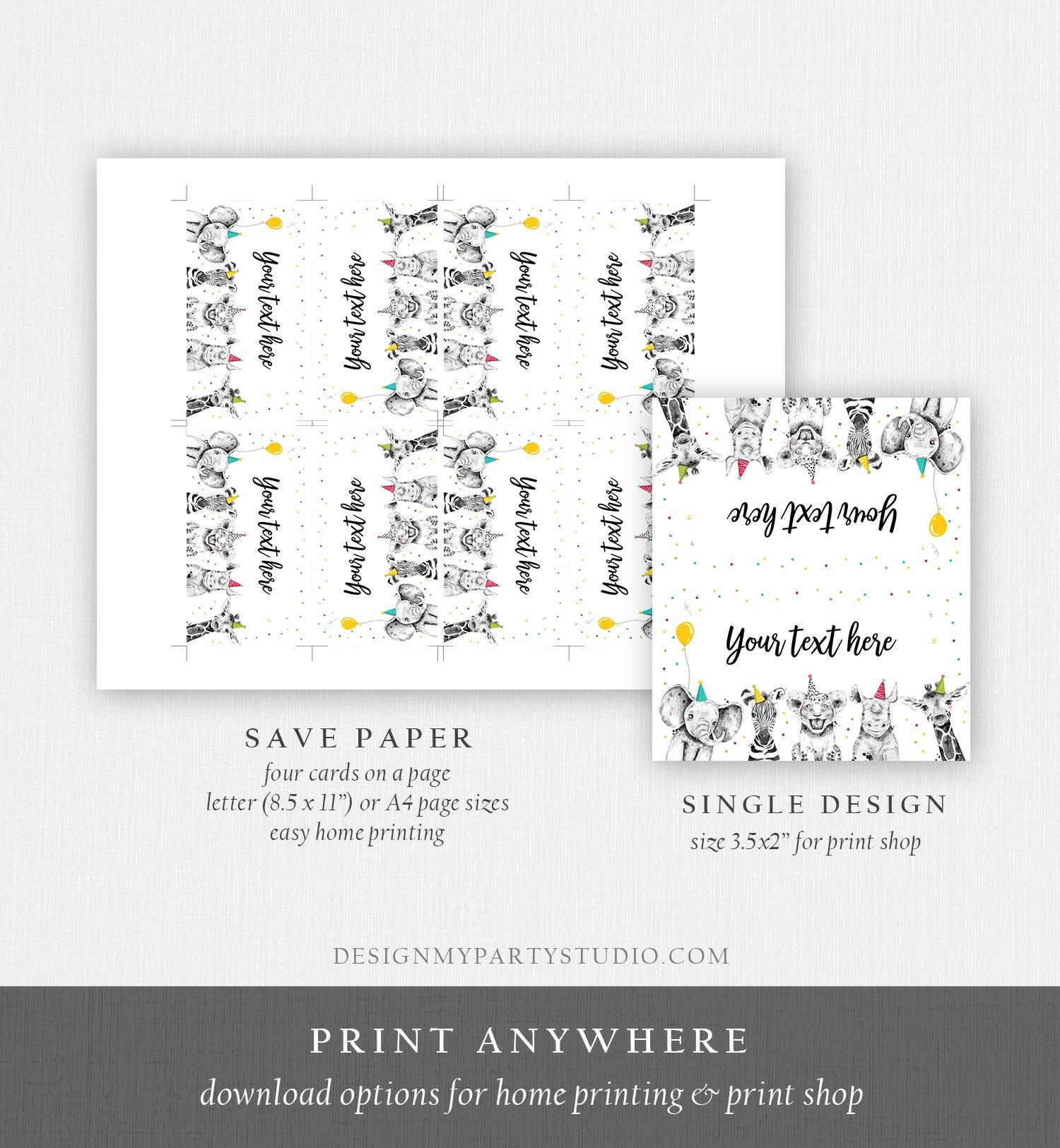 Editable Party Animals Food Label Wild One Boy Safari Animals Birthday Place Card Tent Insert Digital Download Template Printable 0390