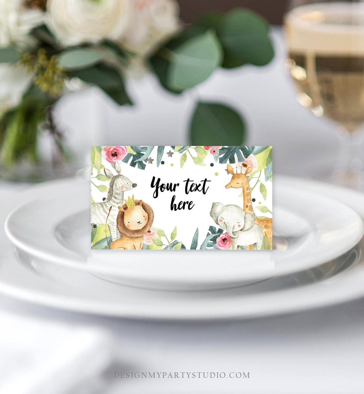 Editable Safari Food Label Wild One Party Animals Place Card Tent Card Insert Card Pink Gold Birthday Girl Digital Template Printable 0163