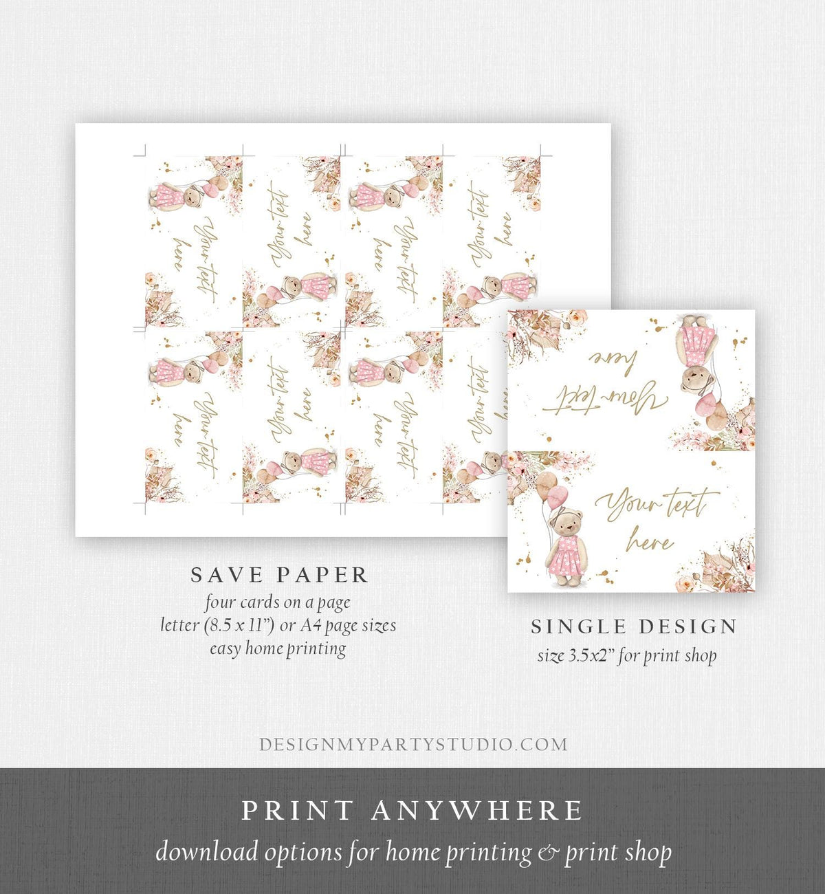 Editable Food Labels Boho Teddy Bear Baby Shower Place Card Tent Insert Pink Girl Pampas Grass Bearly Wait Digital Template Printable 0421