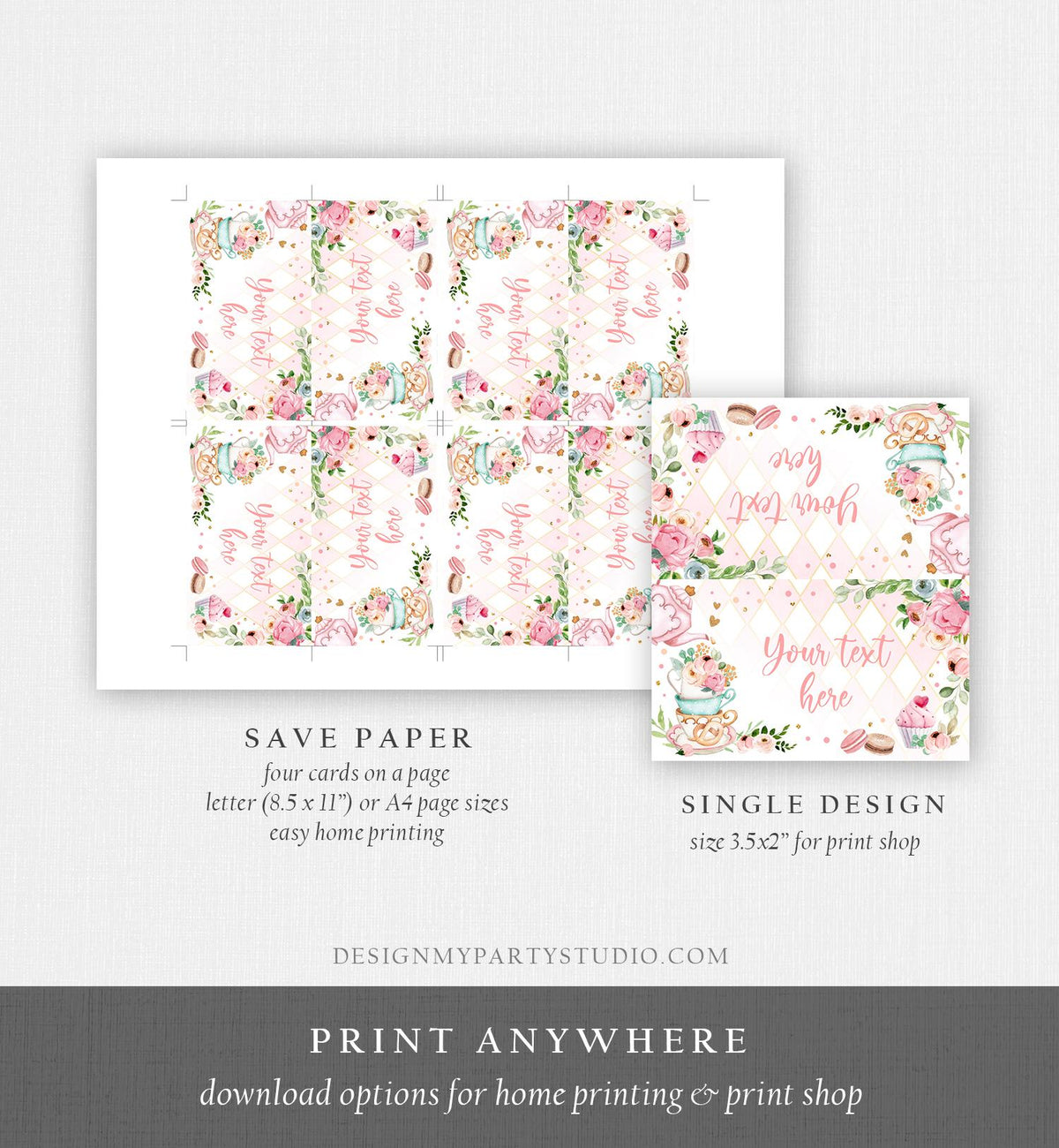 Editable Tea Party Food Label Tea Place Card Tent Card Insert Card Par-Tea Tea for Two Decor Girl Floral Pink Template Printable 0349