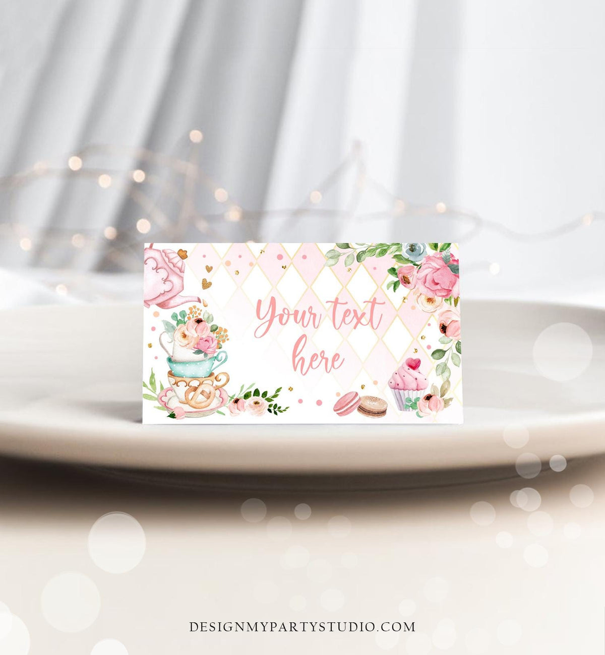 Editable Tea Party Food Label Tea Place Card Tent Card Insert Card Par-Tea Tea for Two Decor Girl Floral Pink Template Printable 0349