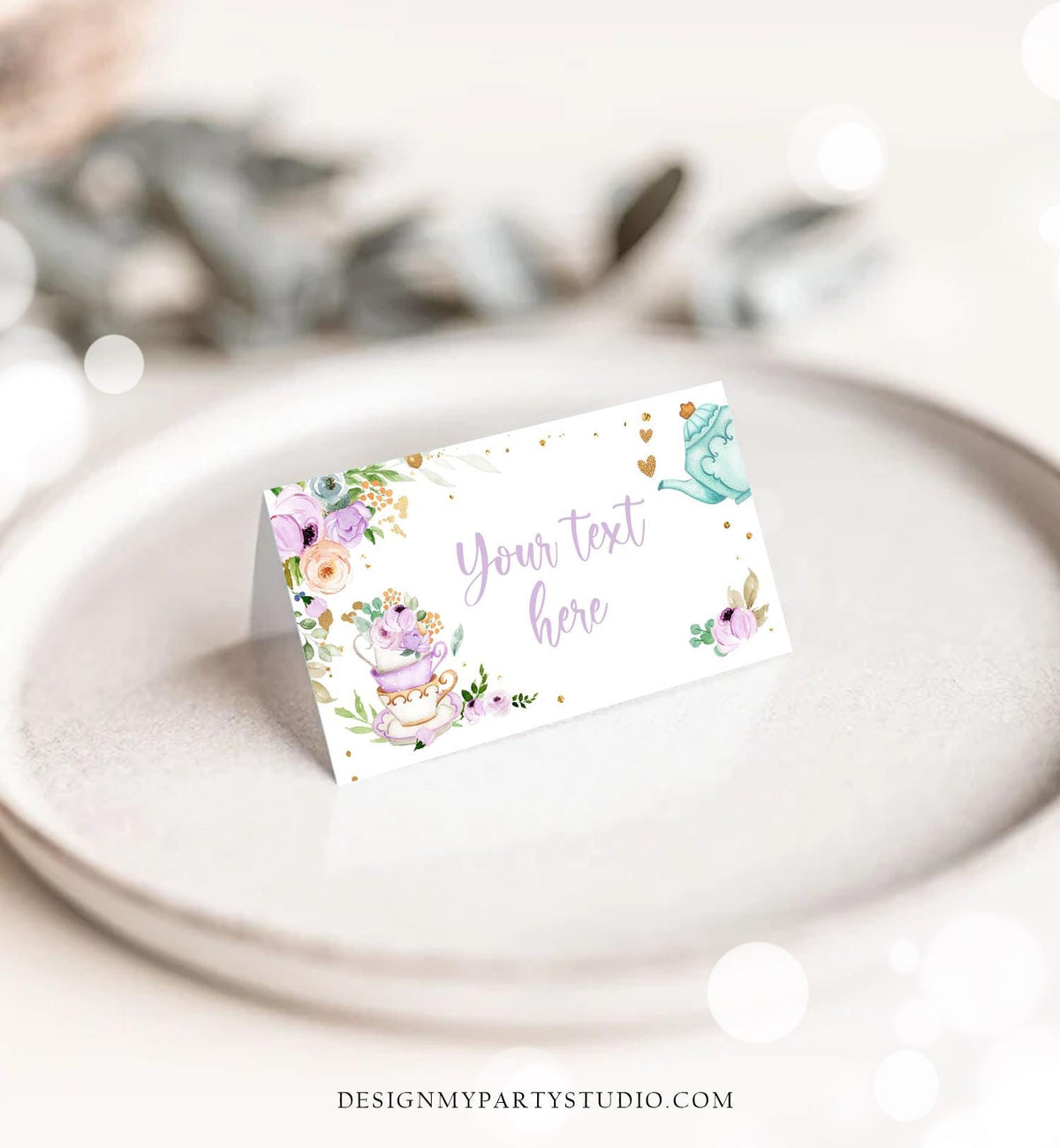 Editable Tea Party Food Label Tea Place Card Tent Card Insert Card Par-Tea Tea for Two Decor Purple Floral Digital Template Printable 0349