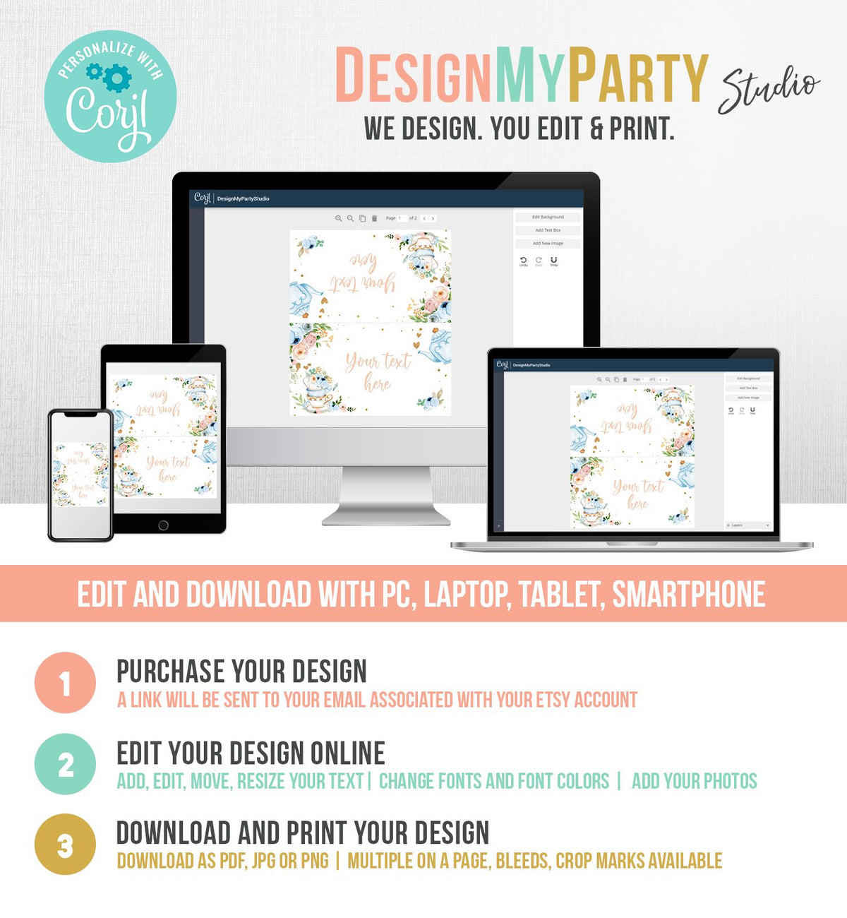 Editable Tea Party Food Label Tea Place Card Tent Card Insert Par-Tea Tea for Two Decor Girl Floral Blue Digital Template Printable 0349