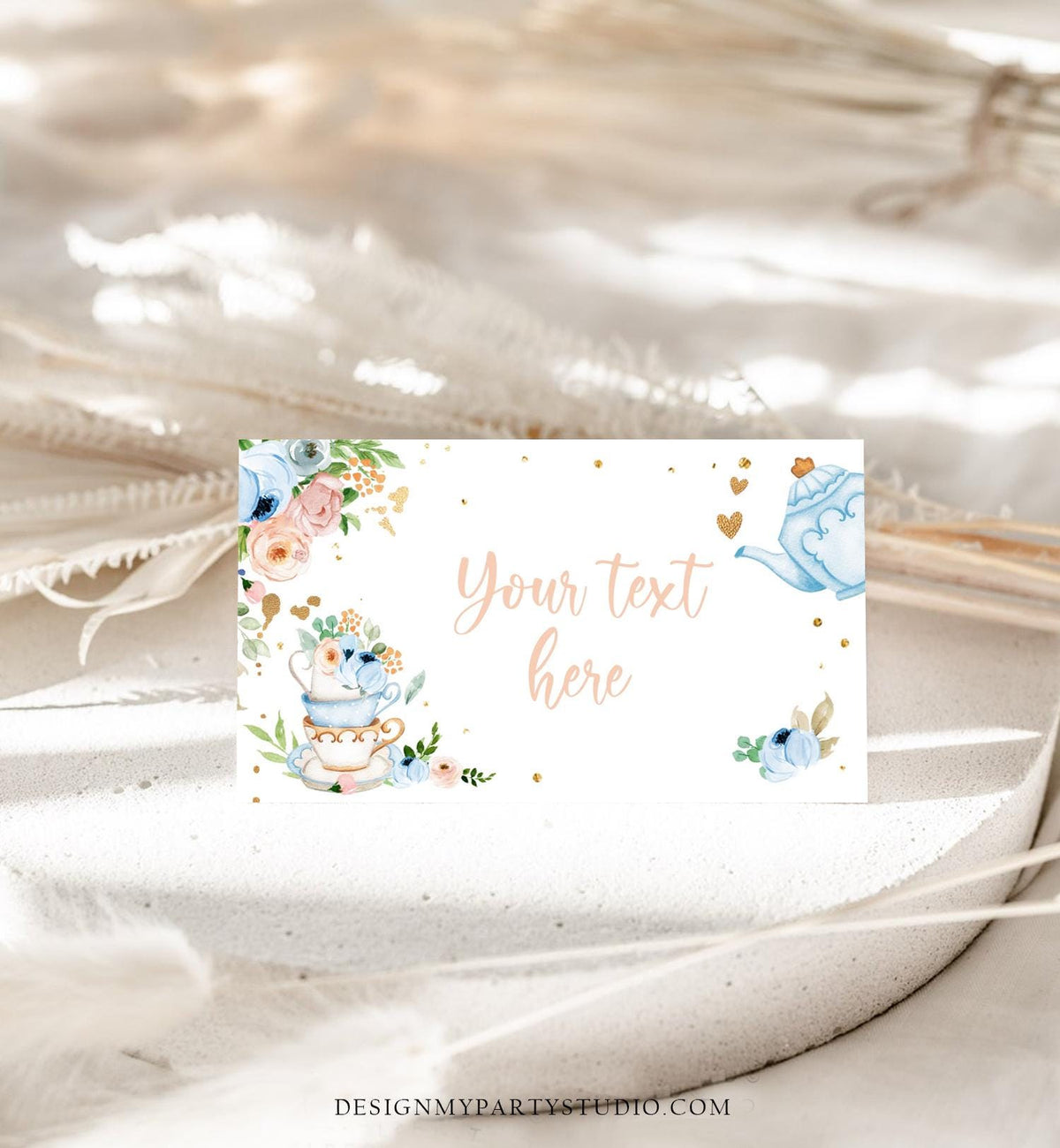 Editable Tea Party Food Label Tea Place Card Tent Card Insert Par-Tea Tea for Two Decor Girl Floral Blue Digital Template Printable 0349