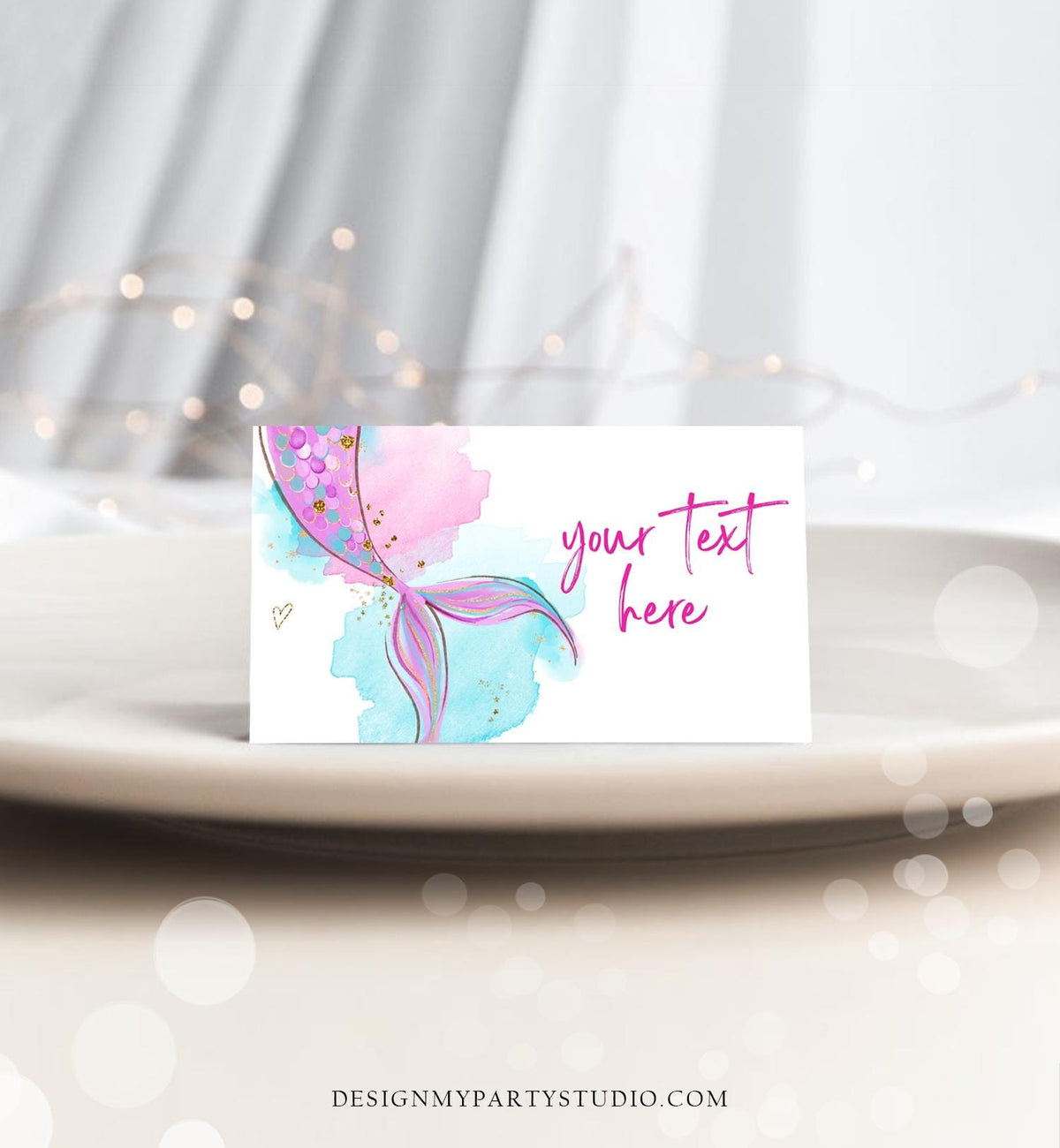 Editable Mermaid Food Label Mermaid Birthday Place Card Tent Card Insert Card Girl Pink Gold Under The Sea Digital Template Printable 0403