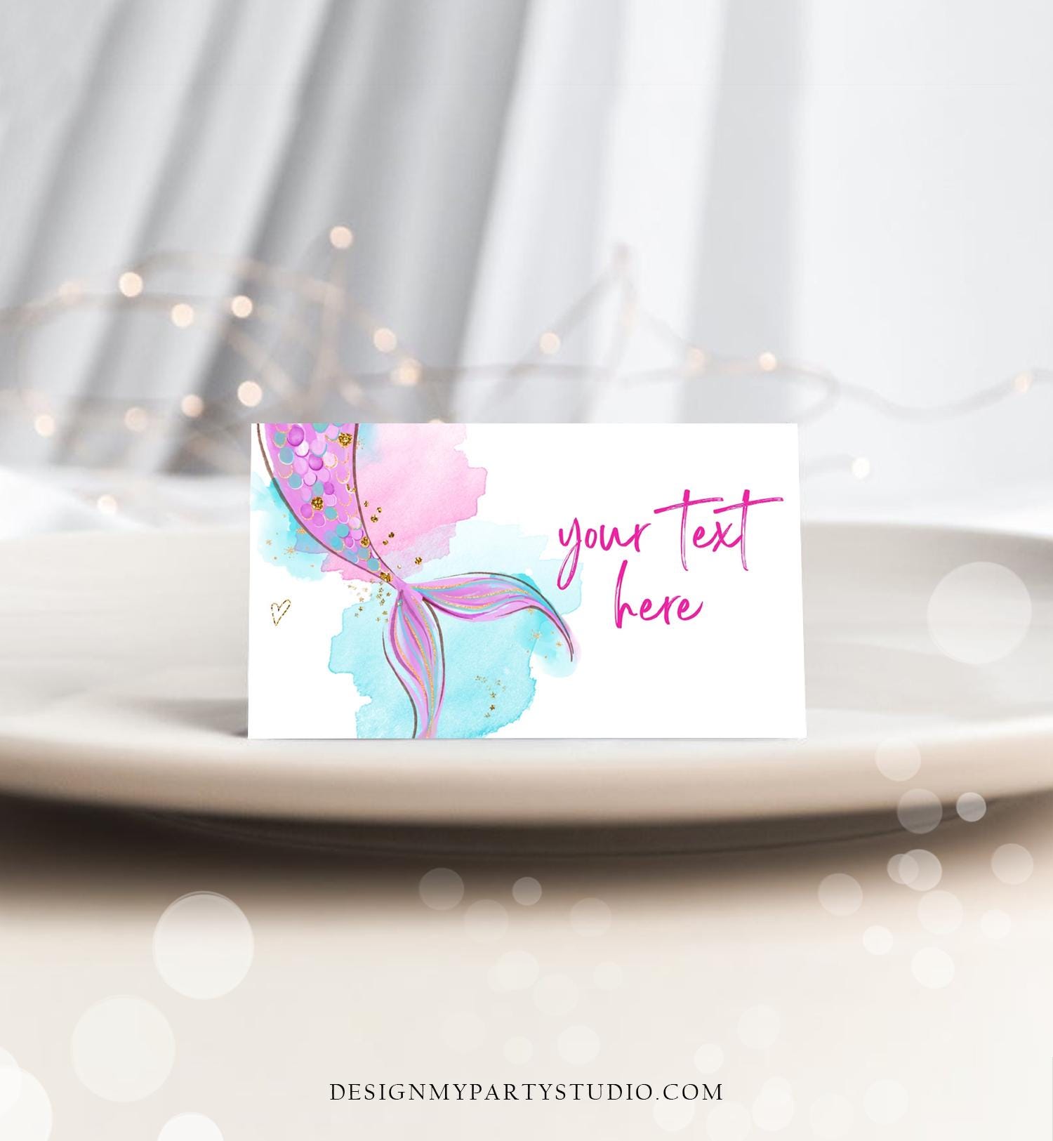 Editable Mermaid Food Label Mermaid Birthday Place Card Tent Card Insert Card Girl Pink Gold Under The Sea Digital Template Printable 0403