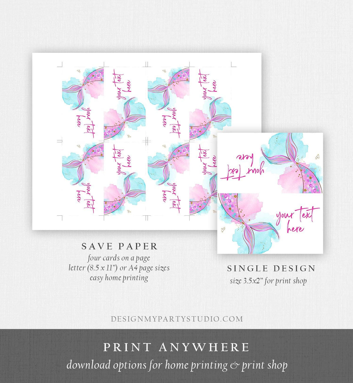 Editable Mermaid Food Label Mermaid Birthday Place Card Tent Card Insert Card Girl Pink Gold Under The Sea Digital Template Printable 0403