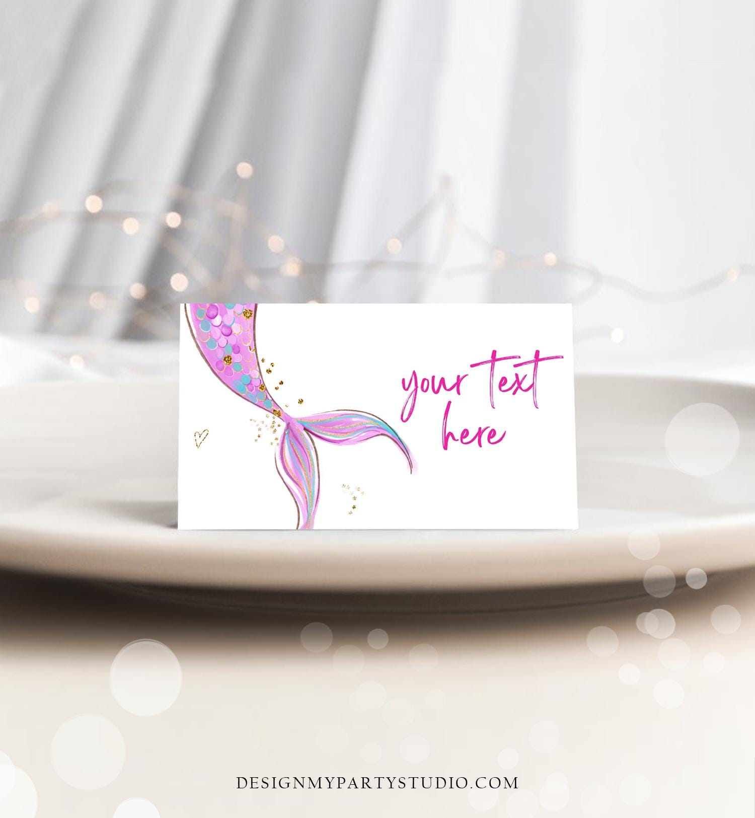 Editable Mermaid Food Labels Mermaid Birthday Place Card Tent Card Insert Card Girl Pink Gold Under The Sea Digital Template Printable 0403