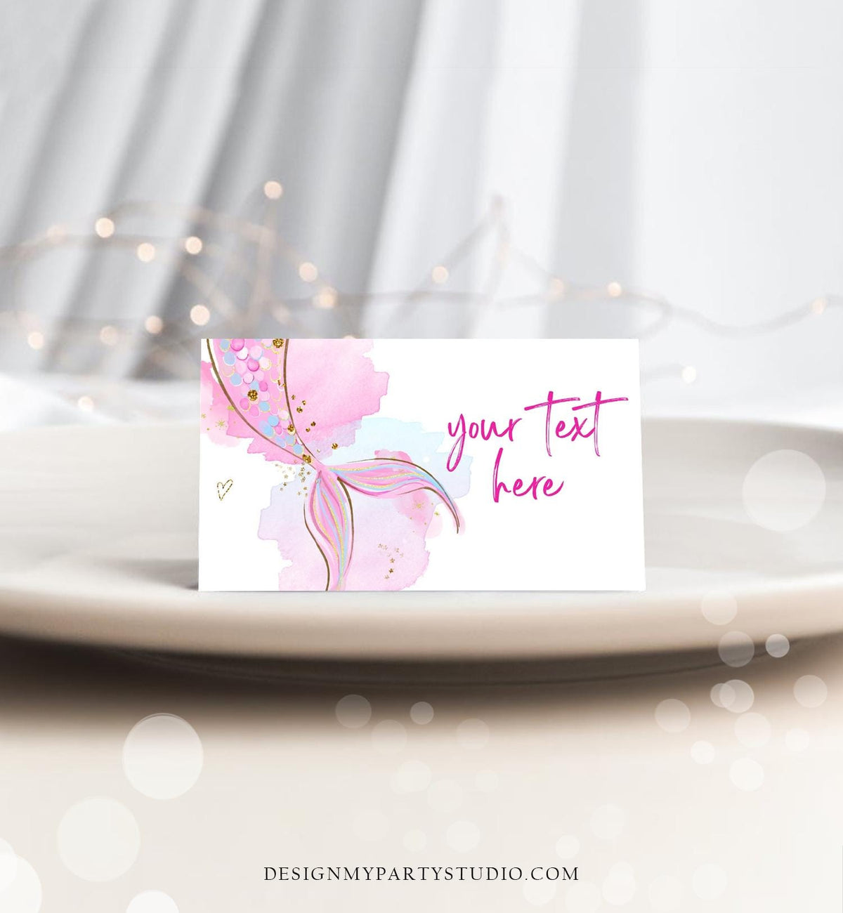 Editable Mermaid Food Labels Mermaid Birthday Place Card Tent Card Insert Card Girl Pink Gold Under The Sea Digital Template Printable 0403