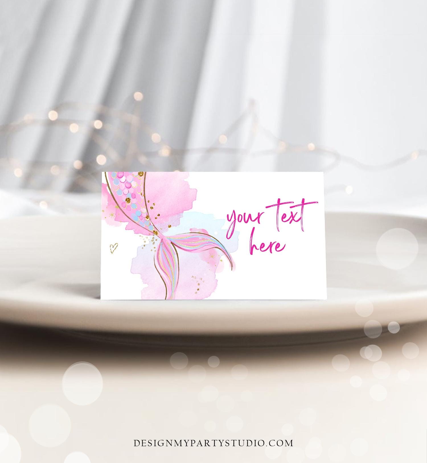 Editable Mermaid Food Labels Mermaid Birthday Place Card Tent Card Insert Card Girl Pink Gold Under The Sea Digital Template Printable 0403