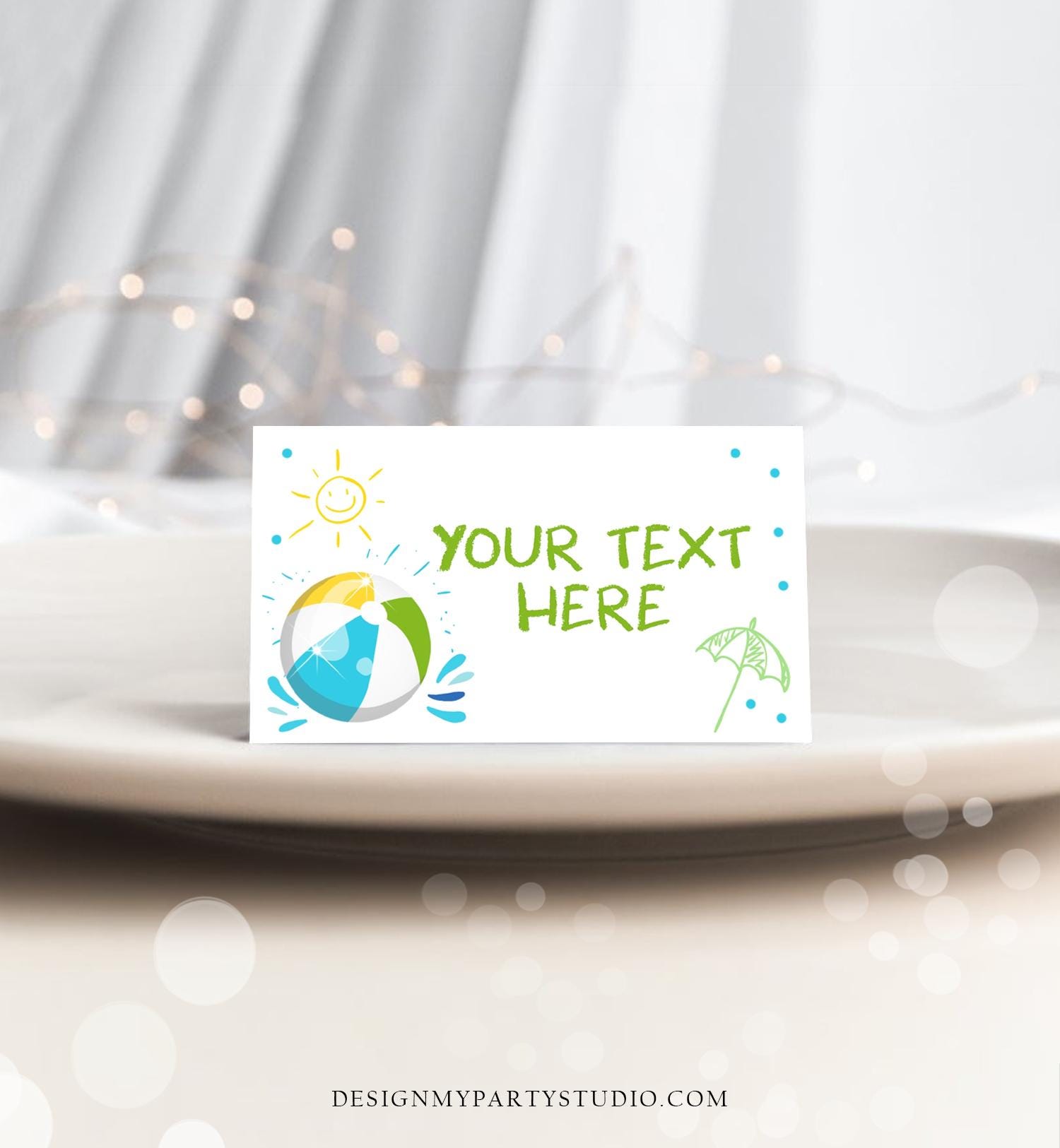 Editable Food Label Pool Party Splish Splash Boy Birthday Bash Food Labels Place Card Tent Insert Card Beach Ball Template Printable 0169