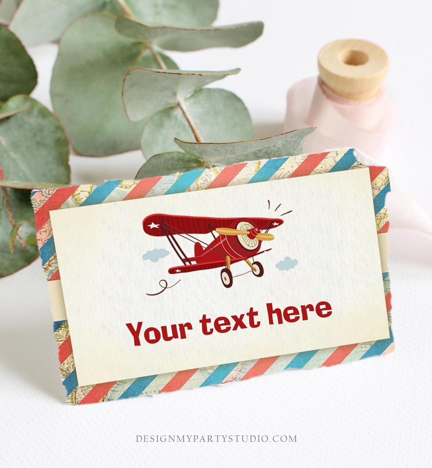 Editable Airplane Food Labels Vintage Airplane Birthday Party Place Card Tent Card Insert Boy Aircraft Plane Sky Red Template Printable 0011
