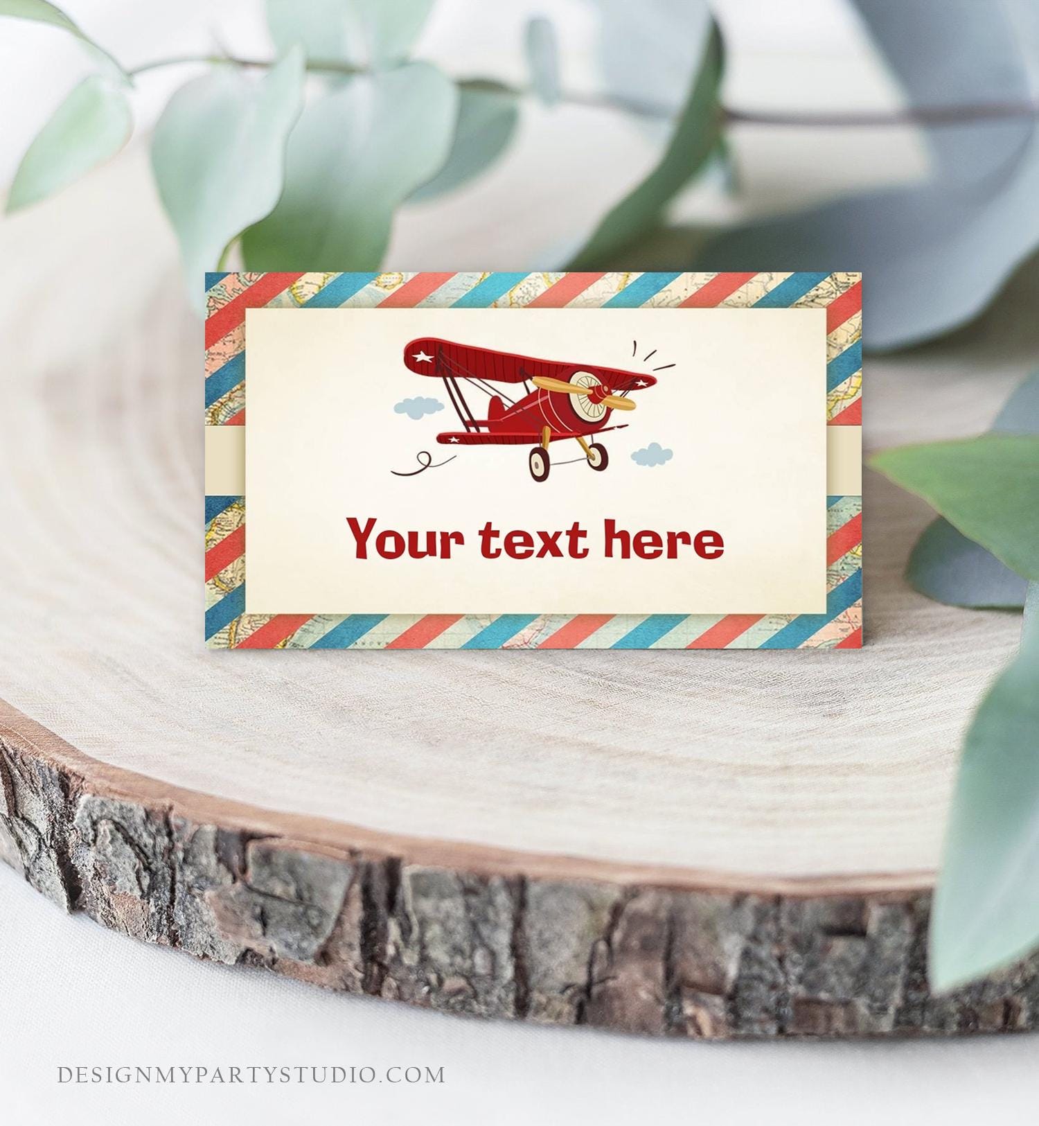 Editable Airplane Food Labels Vintage Airplane Birthday Party Place Card Tent Card Insert Boy Aircraft Plane Sky Red Template Printable 0011