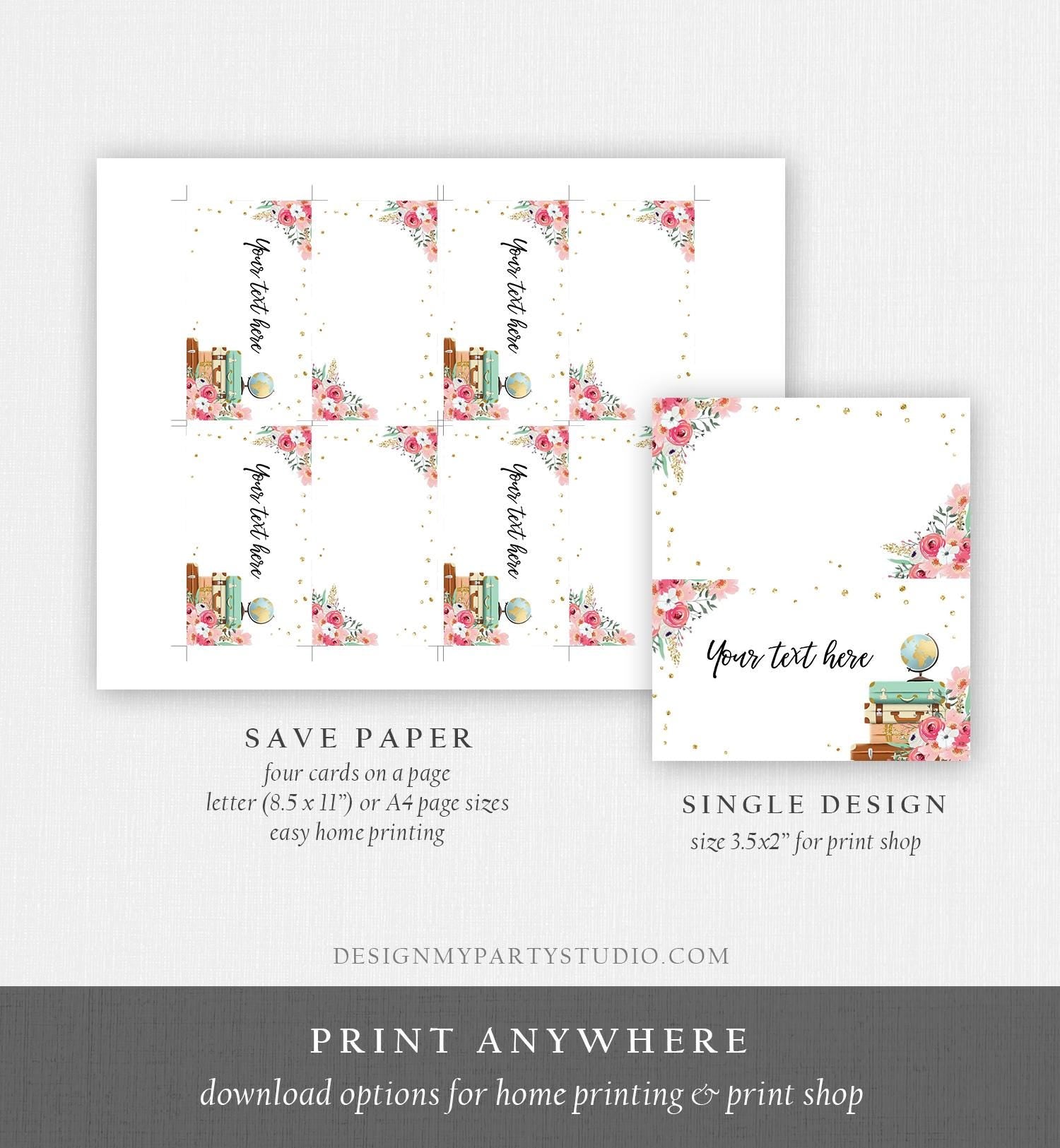 Editable Travel Adventure Food Label Place Card Traveling to Mrs Tent Card Insert Bridal Shower Pink Floral Digital Template Printable 0030