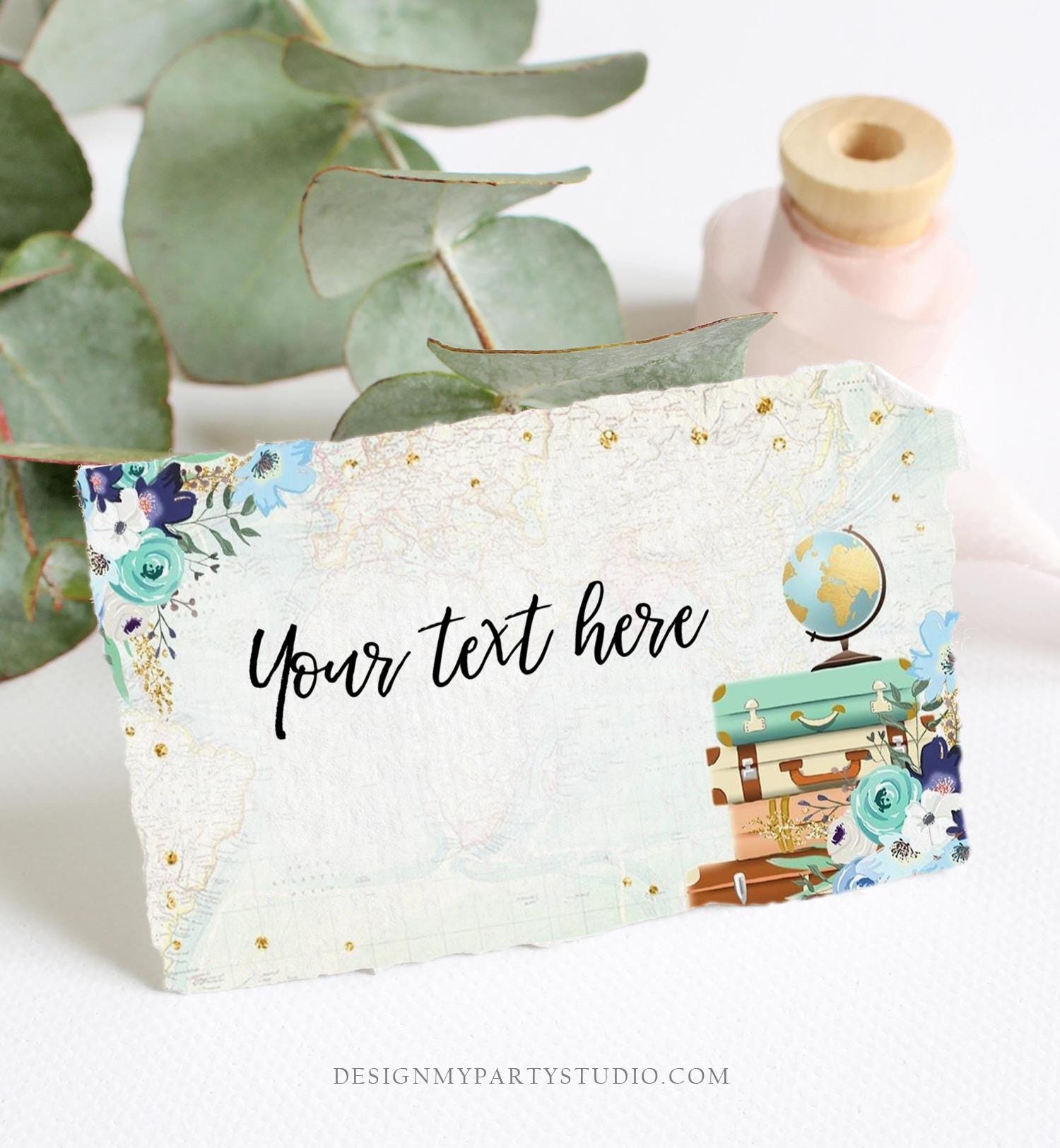 Editable Travel Adventure Food Label Place Card Tent Card Insert Bridal Shower Blue Floral Gold Digital Download Template Printable 0030