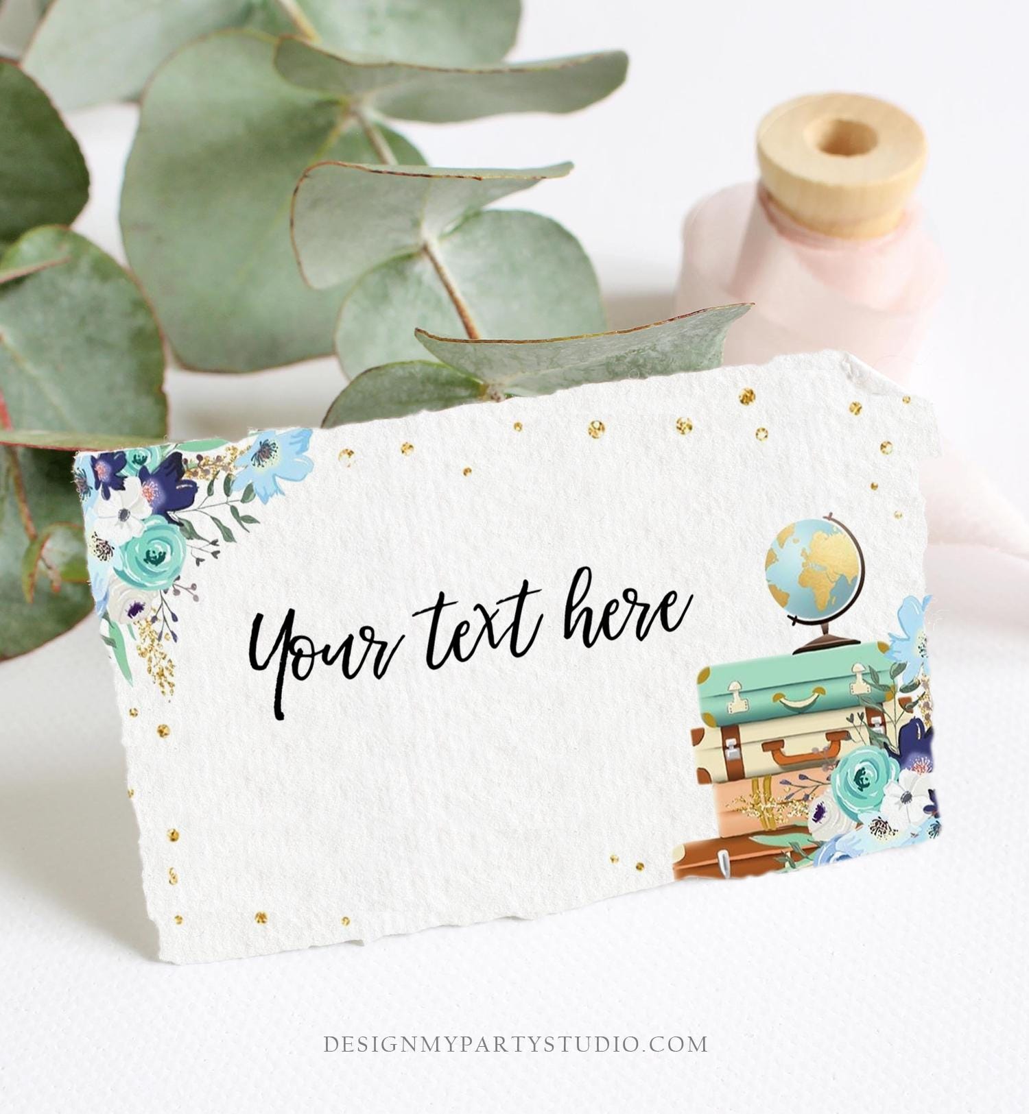 Editable Travel Adventure Food Labels Place Card Tent Card Insert Card Bridal Shower Blue Floral Digital Download Template Printable 0030