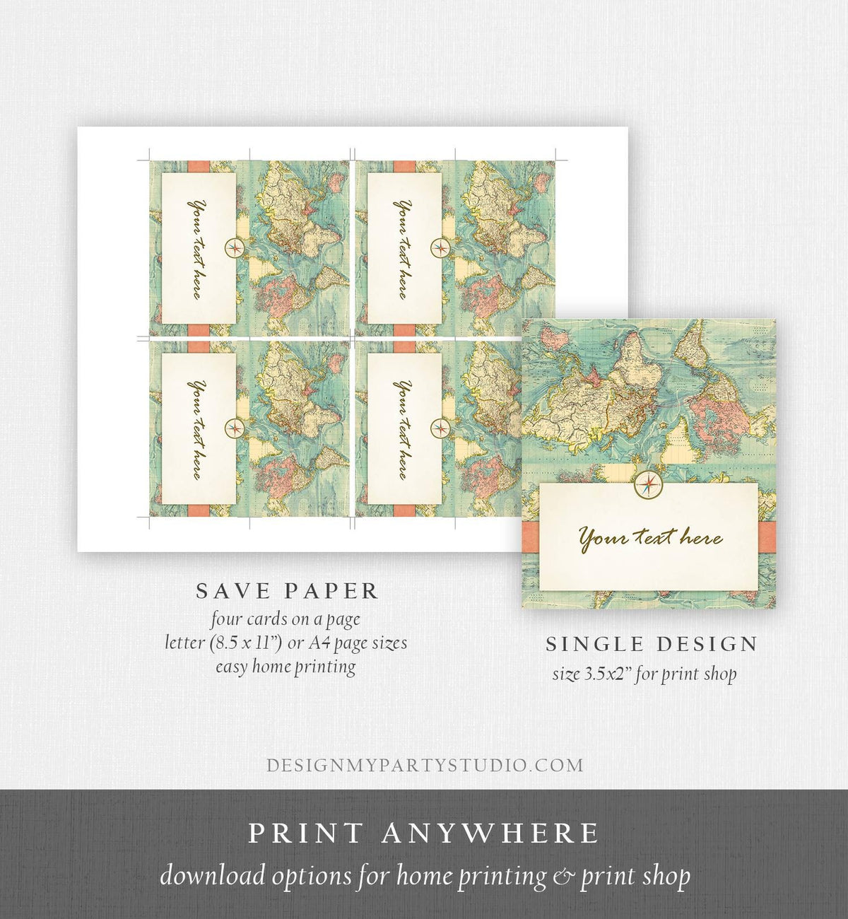 Editable Adventure Food Label World Map Travel Place Tent Insert Card Buffet Compass Traveling Journey Digital Template Printable 0044