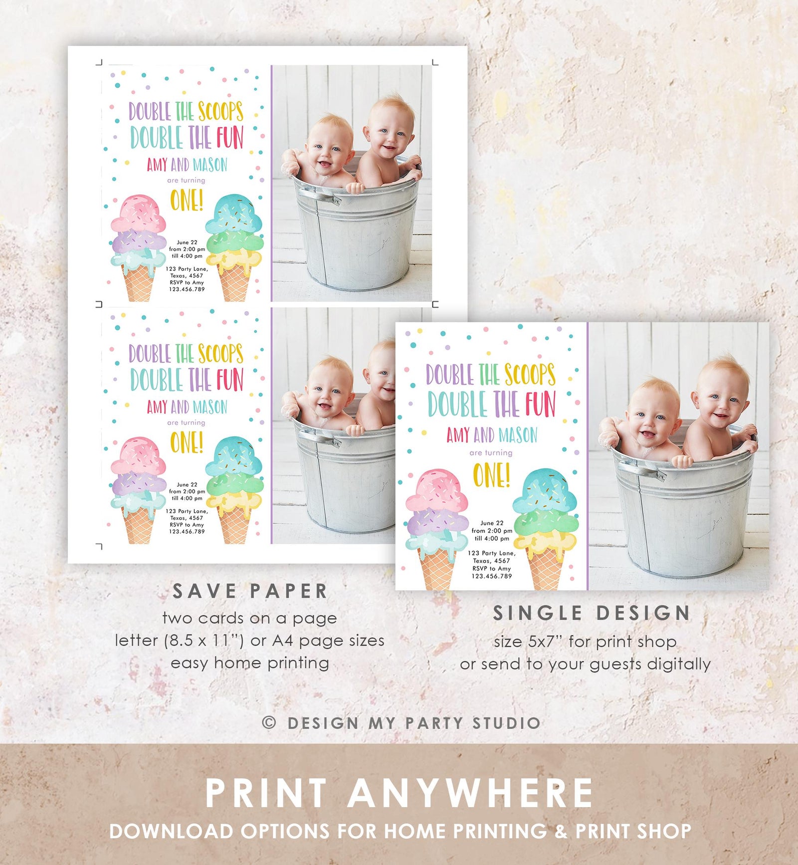Editable Twin Ice Cream Birthday Invitation First Birthday Double the Scoops Double Fun Twins Purple Joint Digital Template Printable 0243