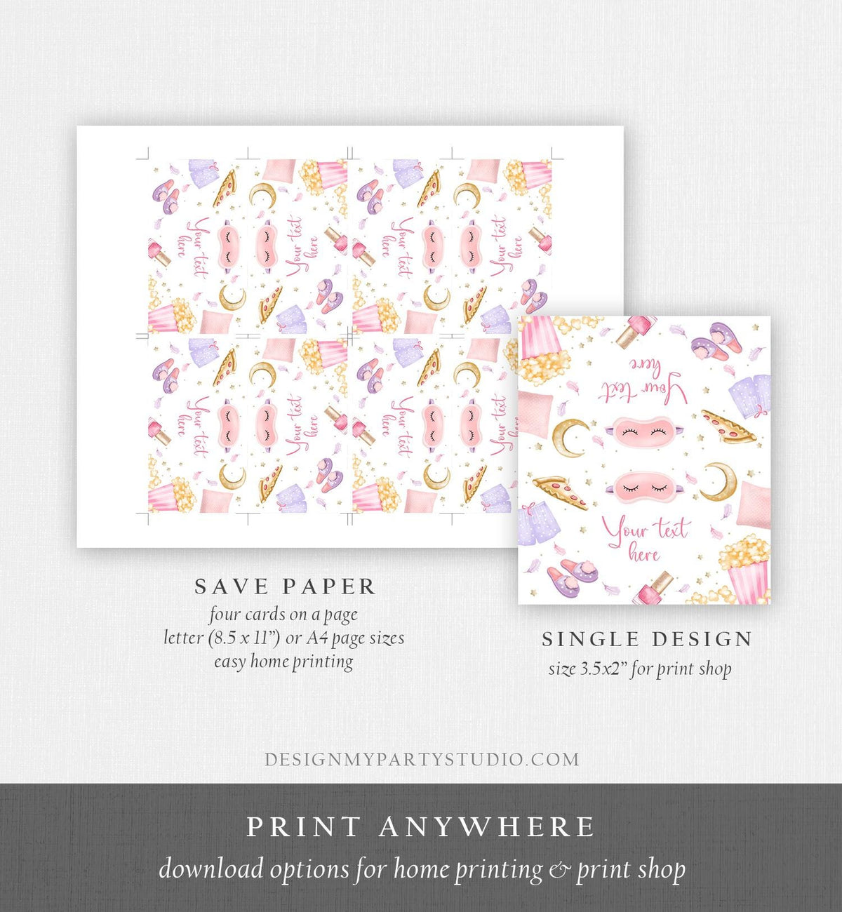Editable Sleepover Food Label Slumber Party Place Tent Card Sleep Over Pizza Pajamas Digital Download Template Printable 0447