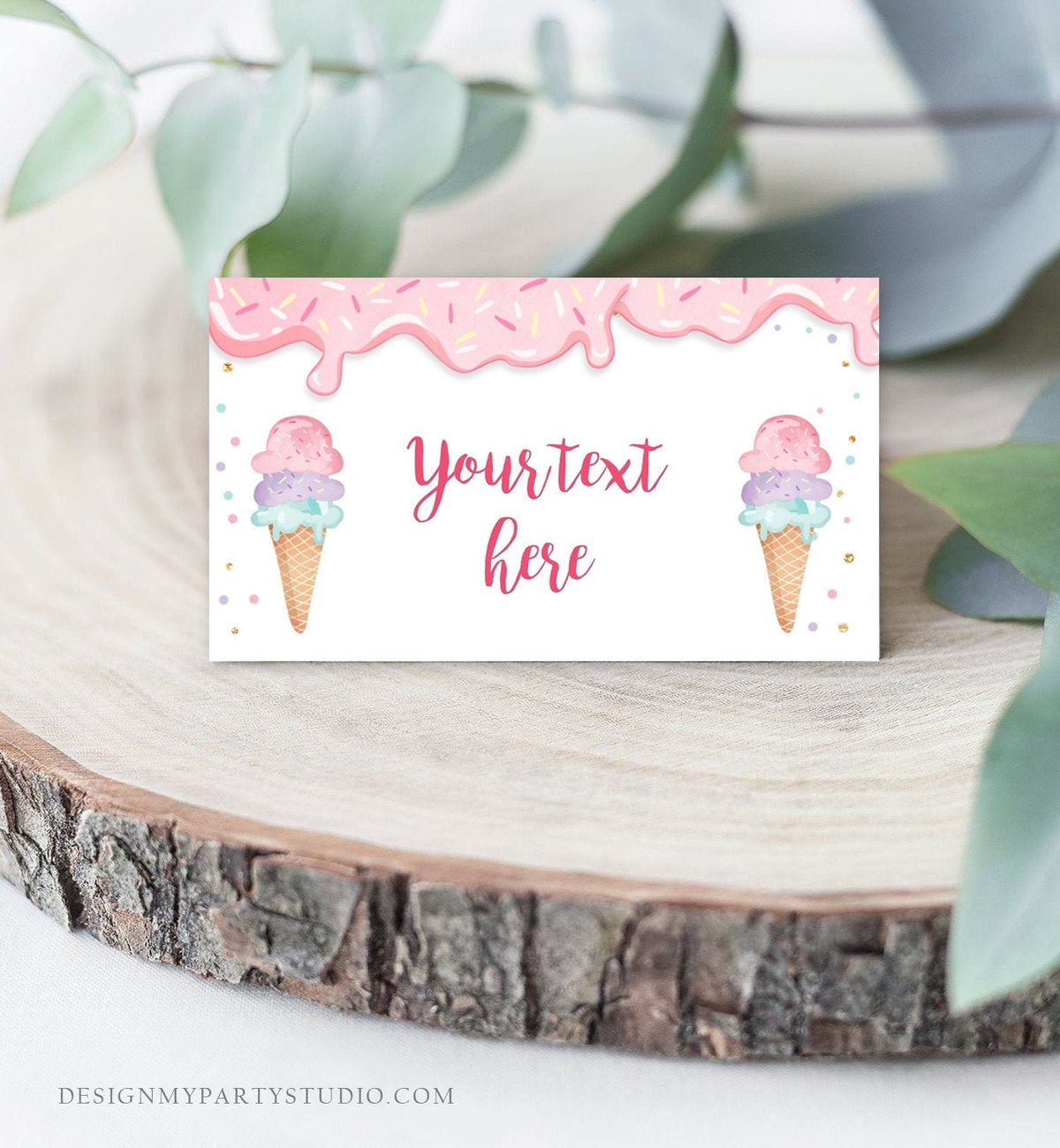Editable Ice Cream Food Label Ice Cream Birthday Food Cards Tent Card Girl Pink Gold the Scoop Buffet Label Tent Card Template Corjl 0243
