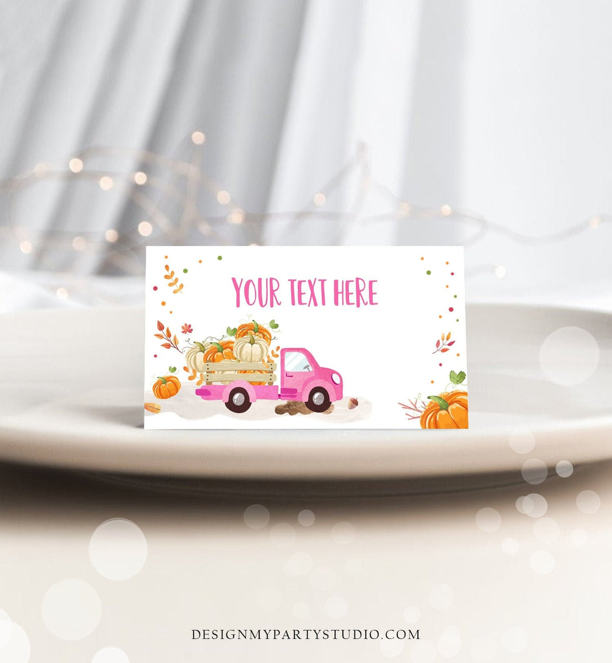 Editable Pumpkin Truck Food Label Little Pumpkin Girl Birthday Pink Place Card Fall Harvest Autumn Tent Card Corjl Printable Template 0153