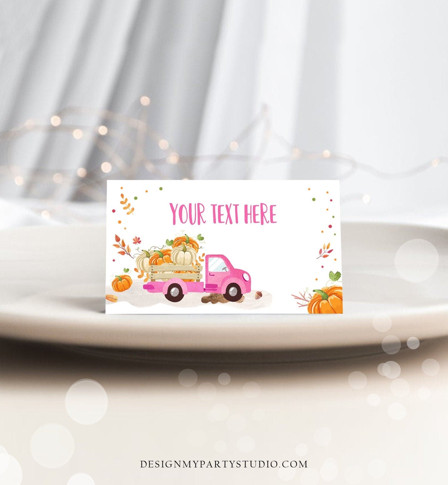 Editable Pumpkin Truck Food Label Little Pumpkin Girl Birthday Pink Place Card Fall Harvest Autumn Tent Card Corjl Printable Template 0153