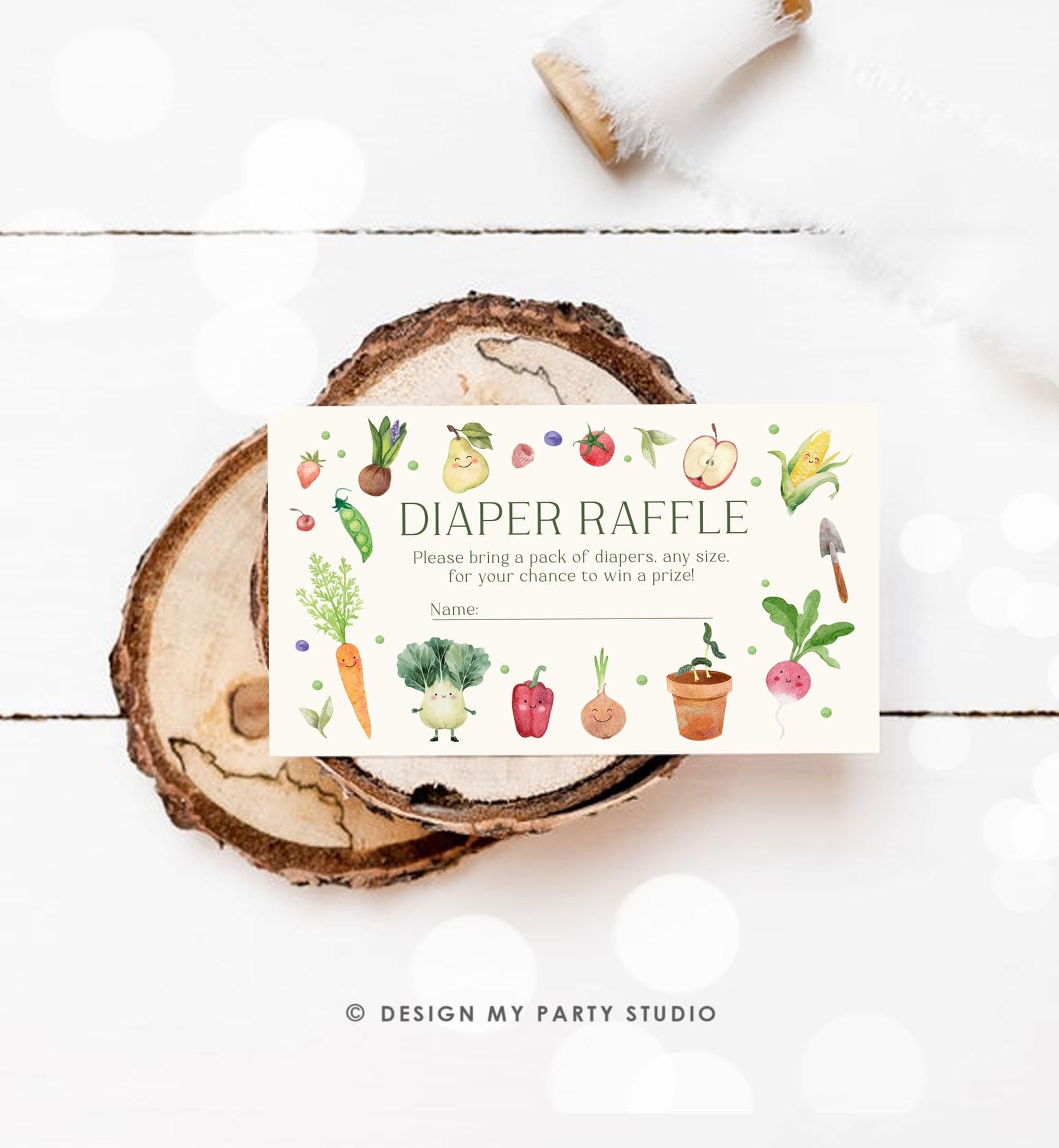 Editable Little Sprout Diaper Raffle Ticket Locally Grown Baby ShowerFarmers Market Vegetables Fruits Digital Template Printable 0544