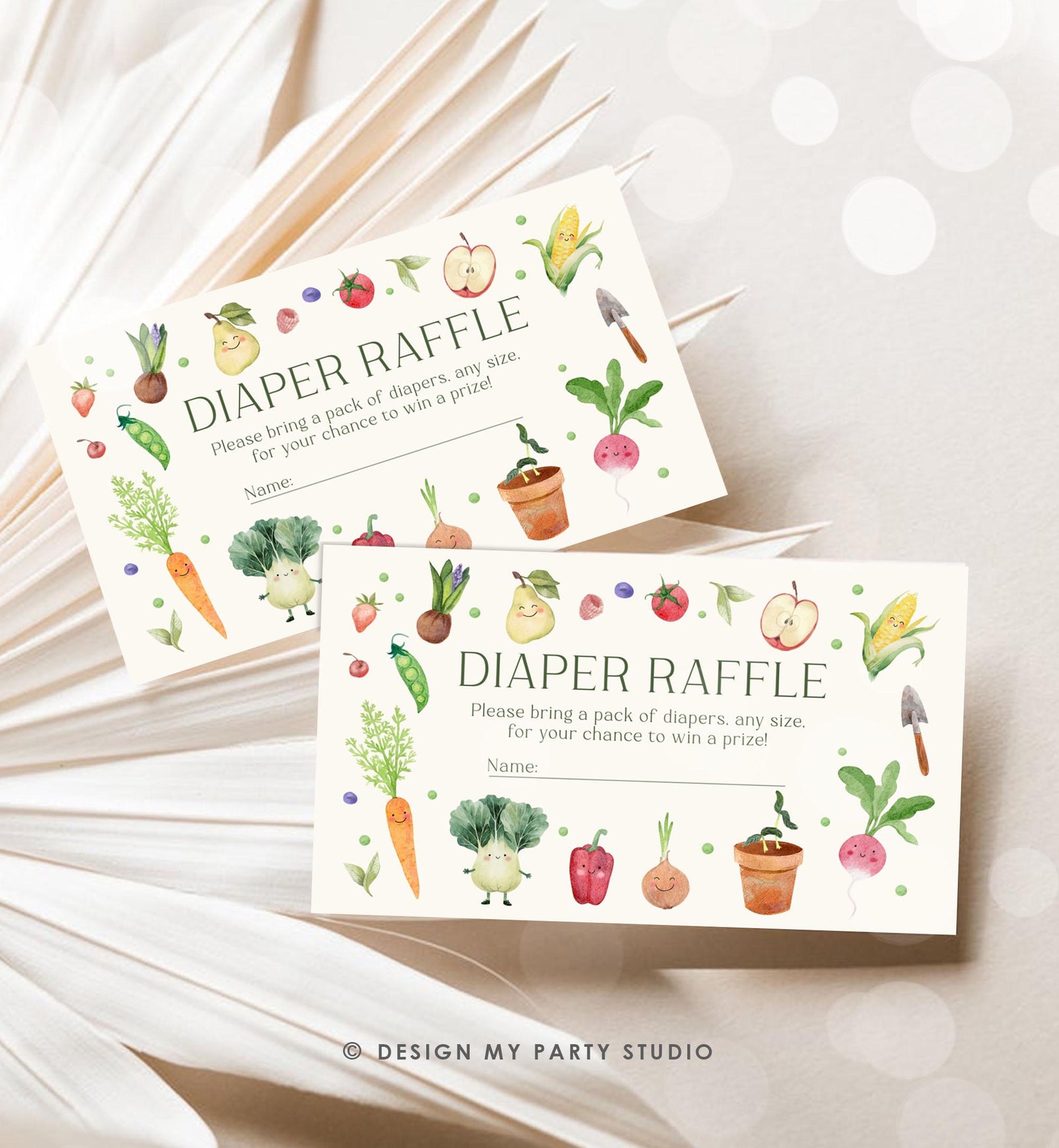 Editable Little Sprout Diaper Raffle Ticket Locally Grown Baby ShowerFarmers Market Vegetables Fruits Digital Template Printable 0544