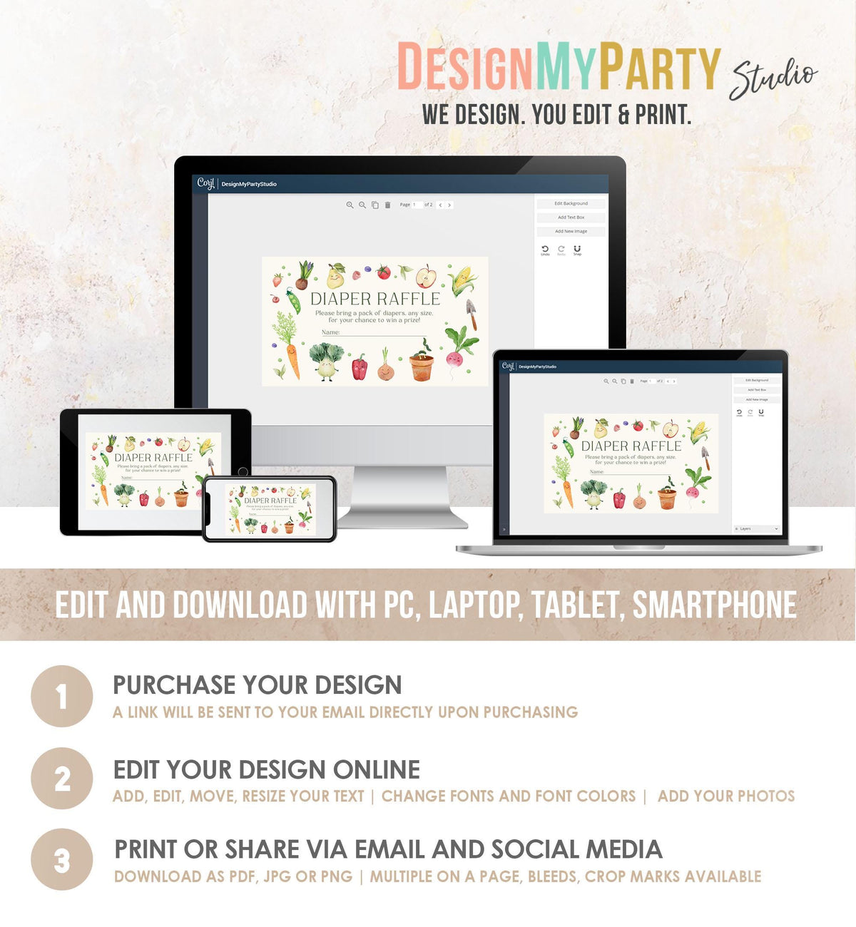 Editable Little Sprout Diaper Raffle Ticket Locally Grown Baby ShowerFarmers Market Vegetables Fruits Digital Template Printable 0544