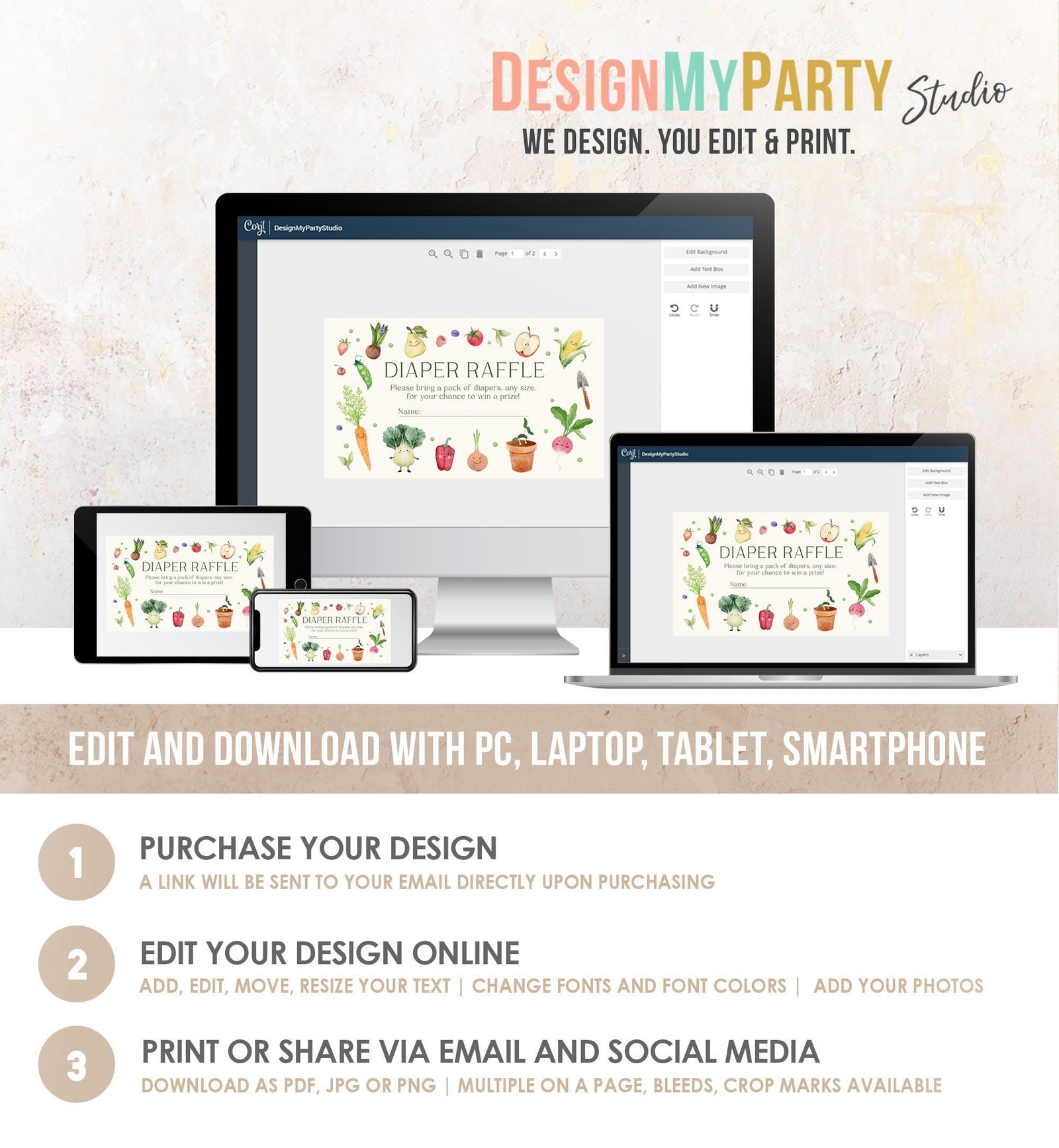 Editable Little Sprout Diaper Raffle Ticket Locally Grown Baby ShowerFarmers Market Vegetables Fruits Digital Template Printable 0544