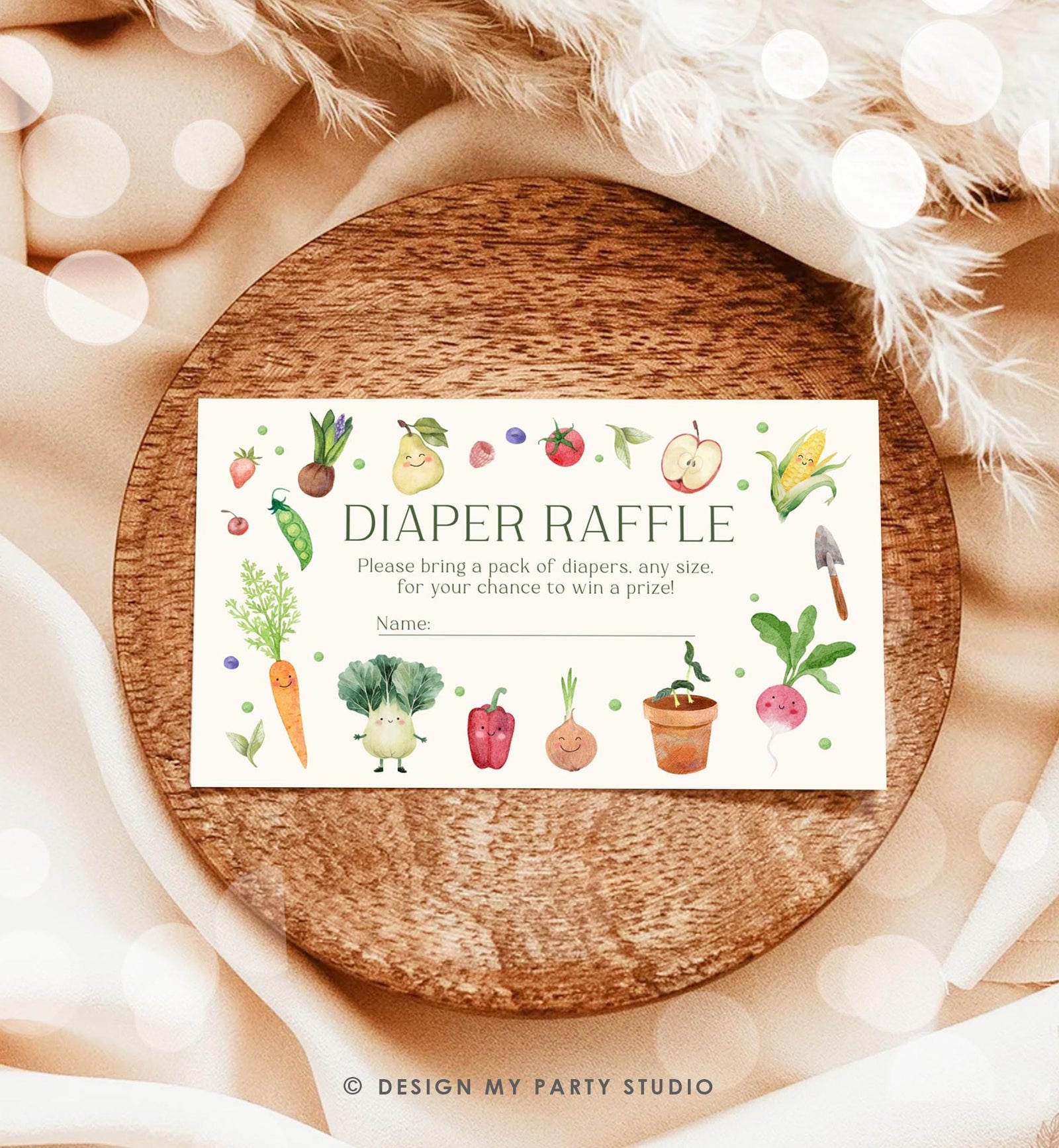 Editable Little Sprout Diaper Raffle Ticket Locally Grown Baby ShowerFarmers Market Vegetables Fruits Digital Template Printable 0544