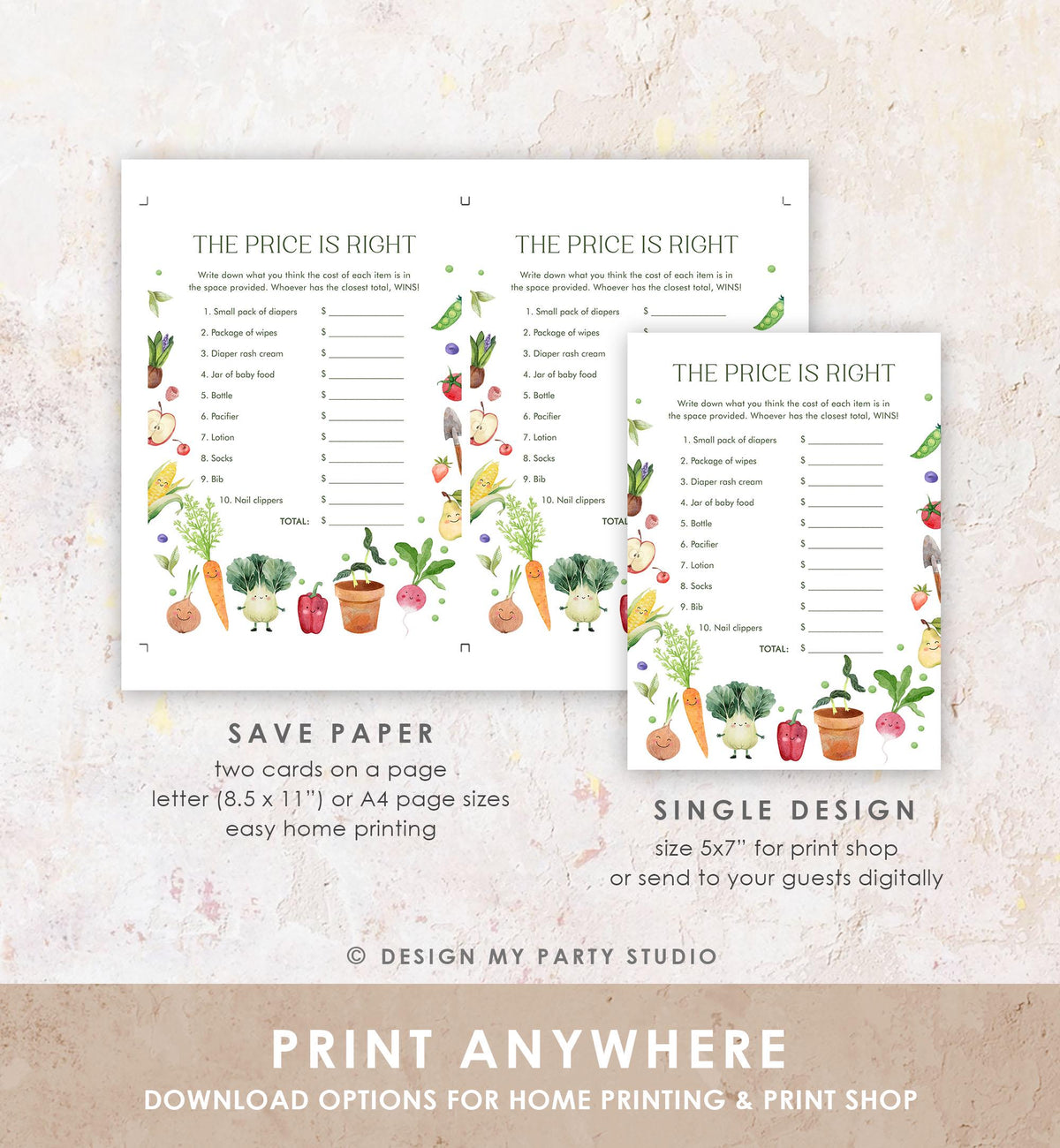 Editable The Price is Right Game Card Little Sprout Baby Shower Game Guess Game Farmers Market Locally Grown Digital Template Printable 0544