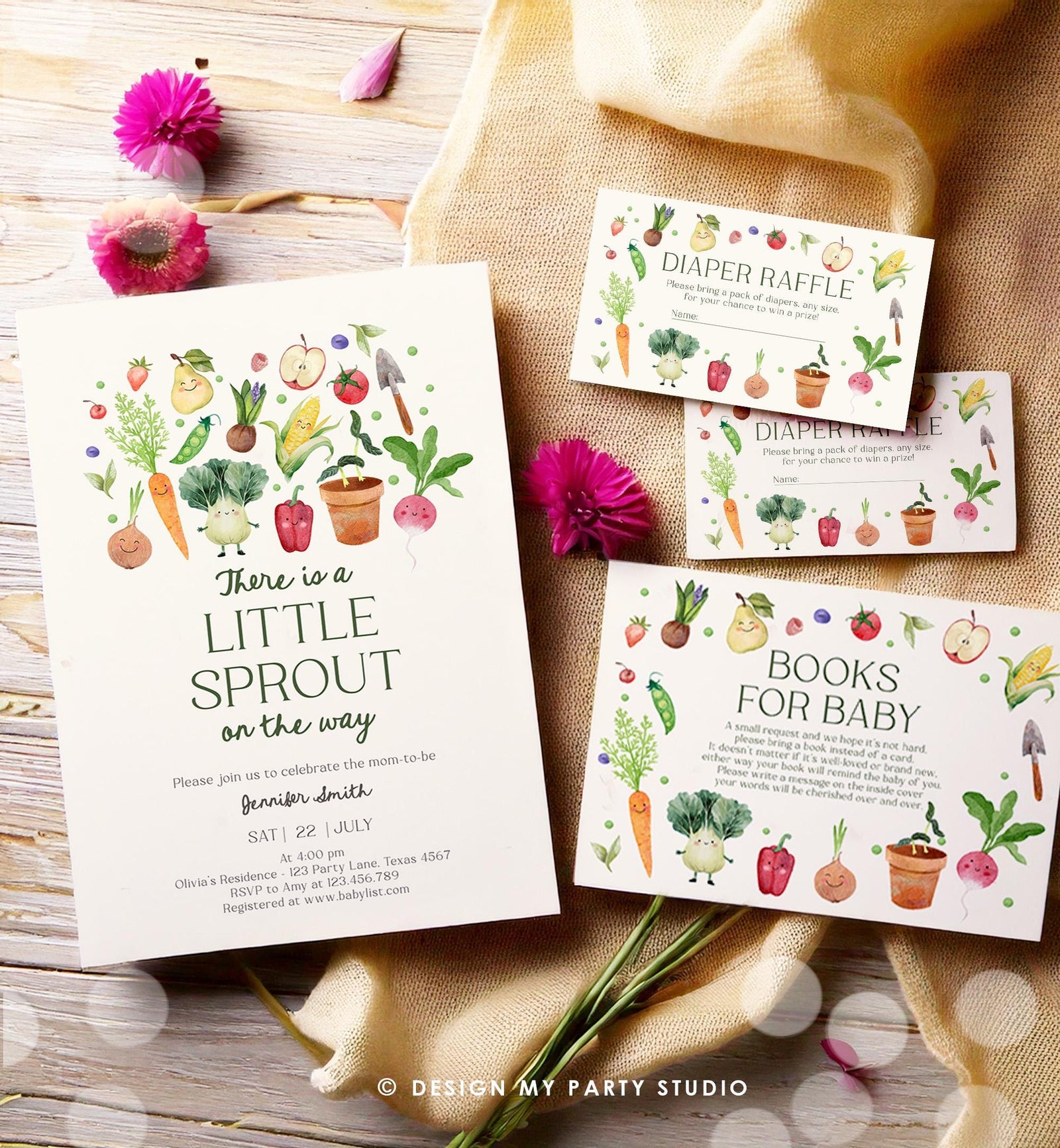 Editable Little Sprout Baby Shower Invitation Bundle Farmers Market Locally Grown Invitation Suite Digital Download Template Printable 0544