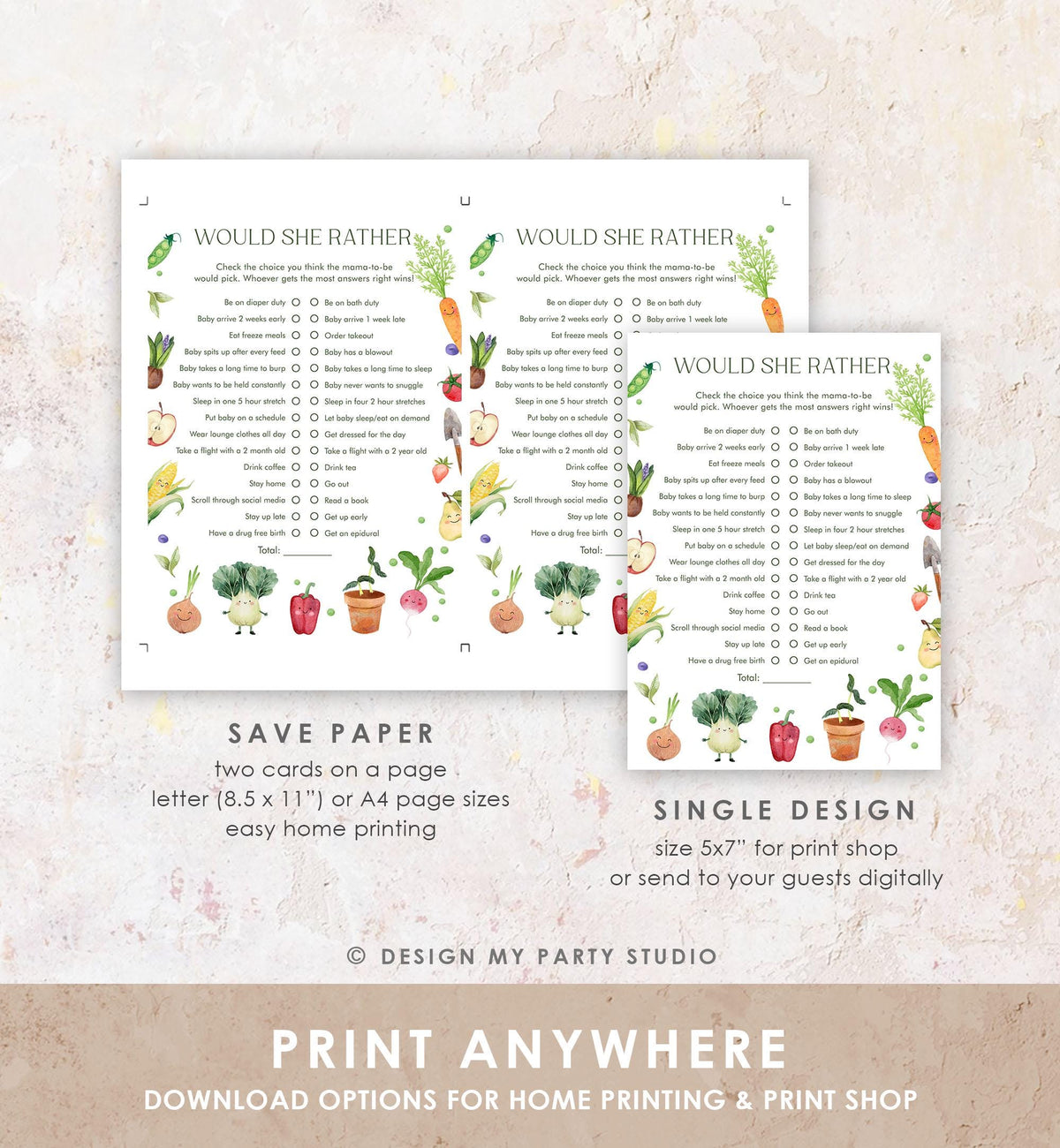 Editable Would She Rather Game Card Locally Grown Baby Shower Game Guess Game Farmers Market Little Sprout Digital Template Printable 0544