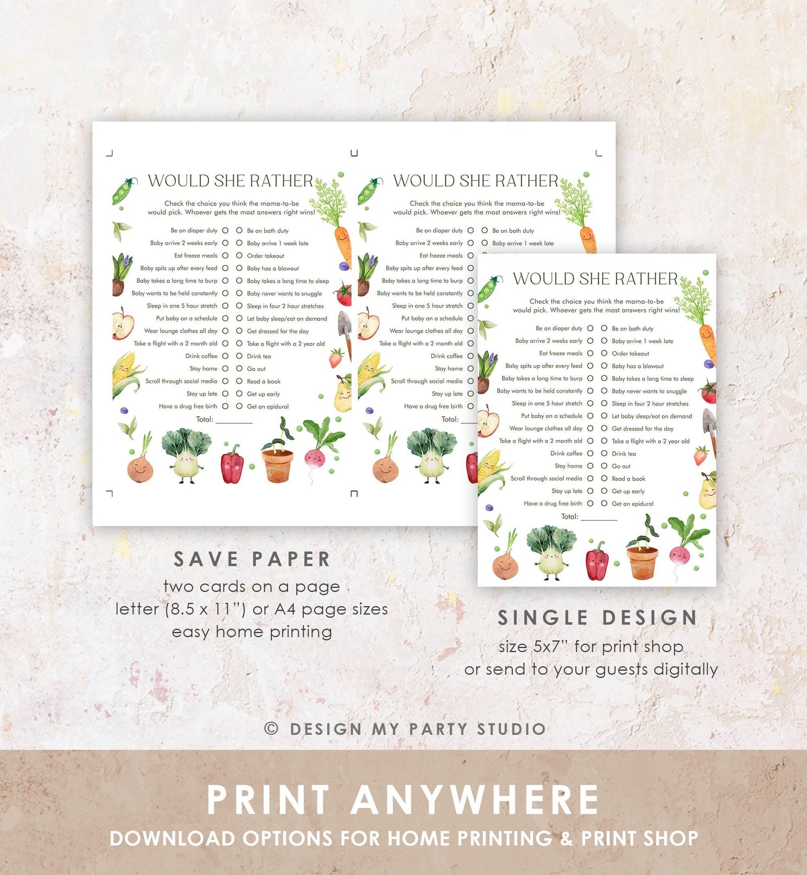 Editable Would She Rather Game Card Locally Grown Baby Shower Game Guess Game Farmers Market Little Sprout Digital Template Printable 0544