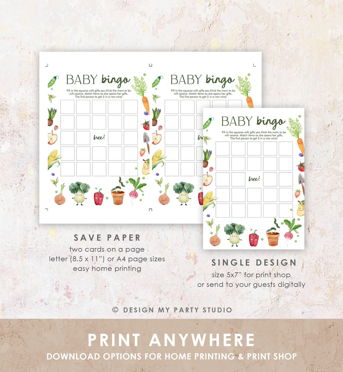 Editable Baby Bingo Baby Shower Game Card Little Sprout Farmers Market Gender Neutral Locally Grown Digital Download Template Printable 0544