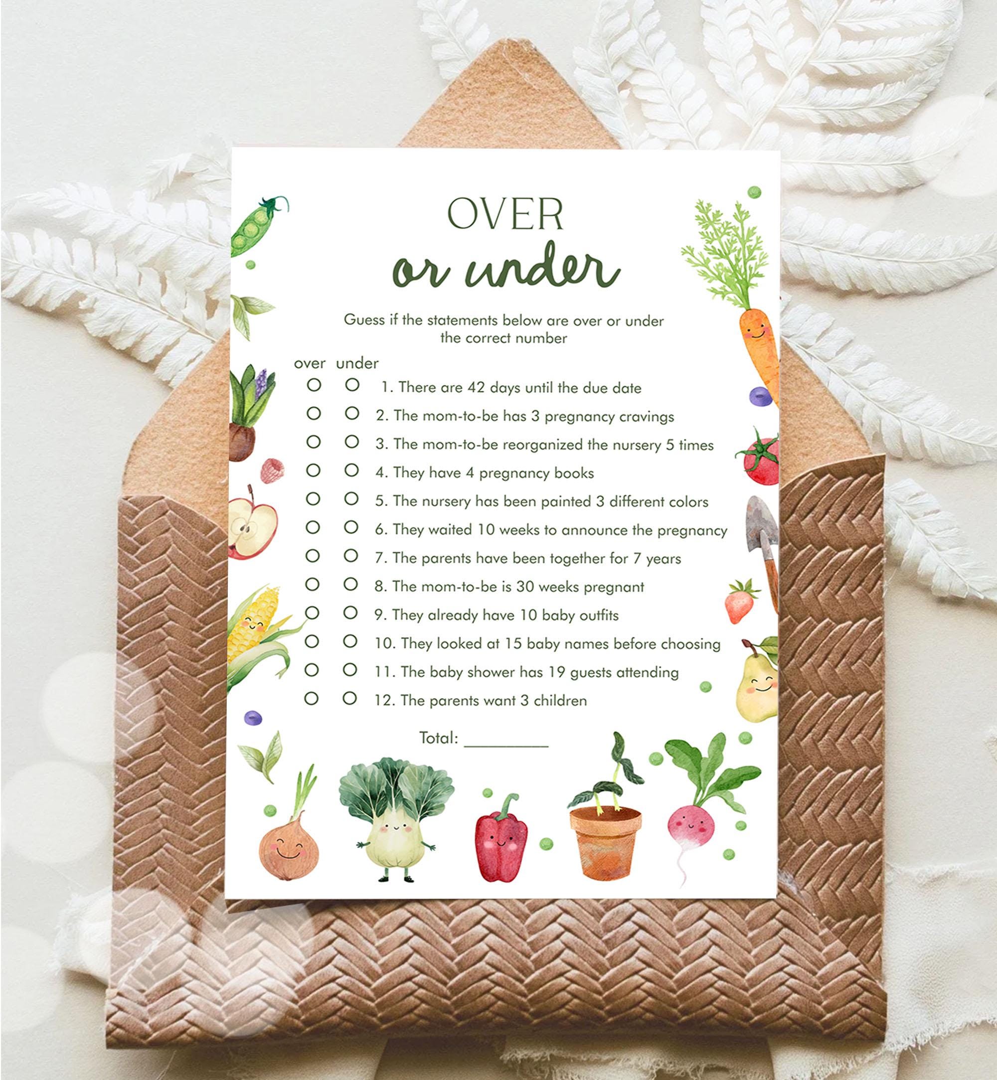 Editable Over or Under Baby Shower Game Card Little Sprout Farmers Market Locally Grown Vegetables Digital Download Template Printable 0544