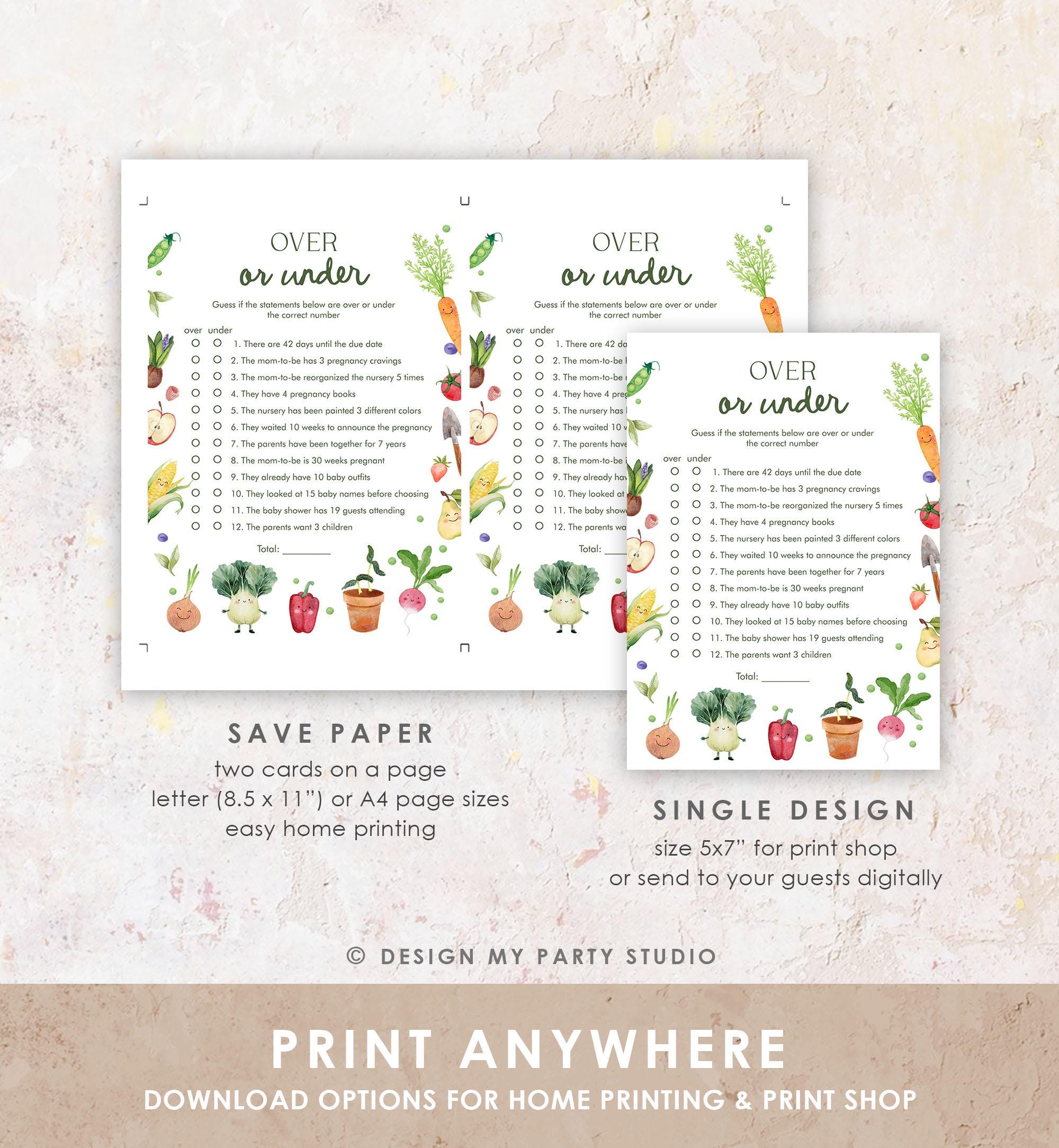 Editable Over or Under Baby Shower Game Card Little Sprout Farmers Market Locally Grown Vegetables Digital Download Template Printable 0544