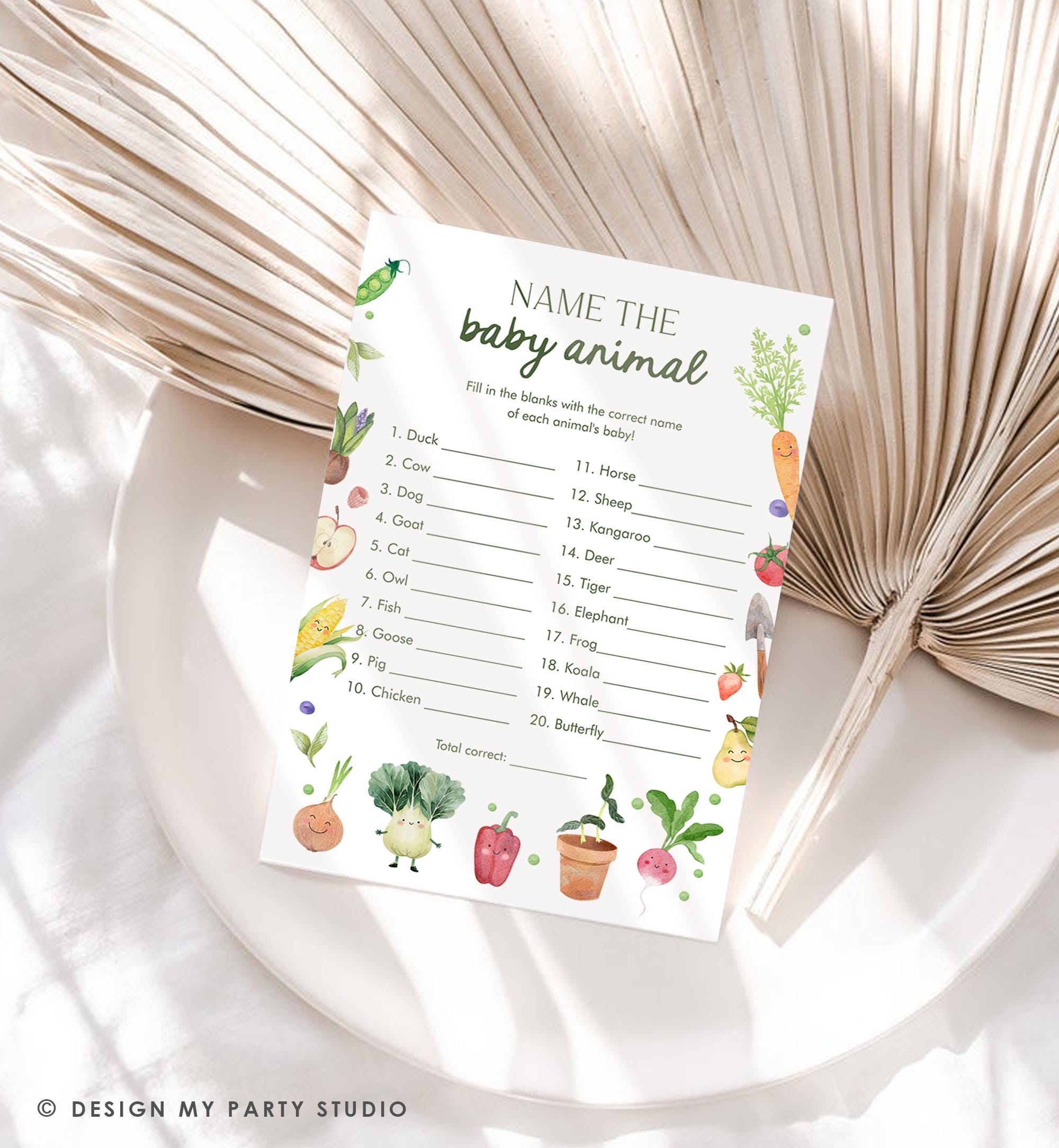 Editable Name The Baby Animal Baby Shower Game Card Little Sprout Baby Animal Names Matching Locally Grown Digital Template Printable 0544