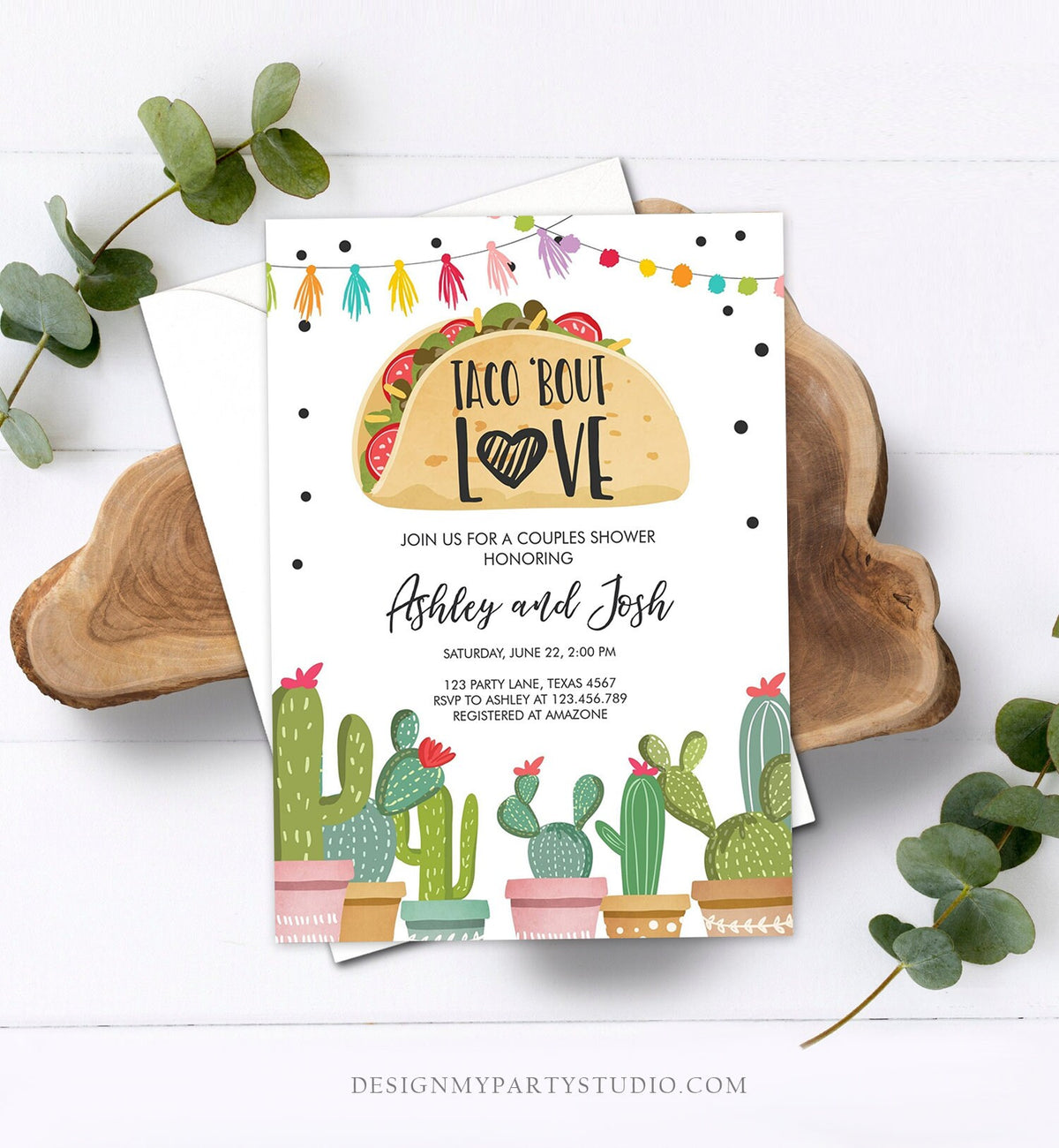 Editable Taco Bout Love Fiesta Couples Shower Invitation Cactus Succulent Green Pink Bridal Shower Download Evite Template Printable 0254